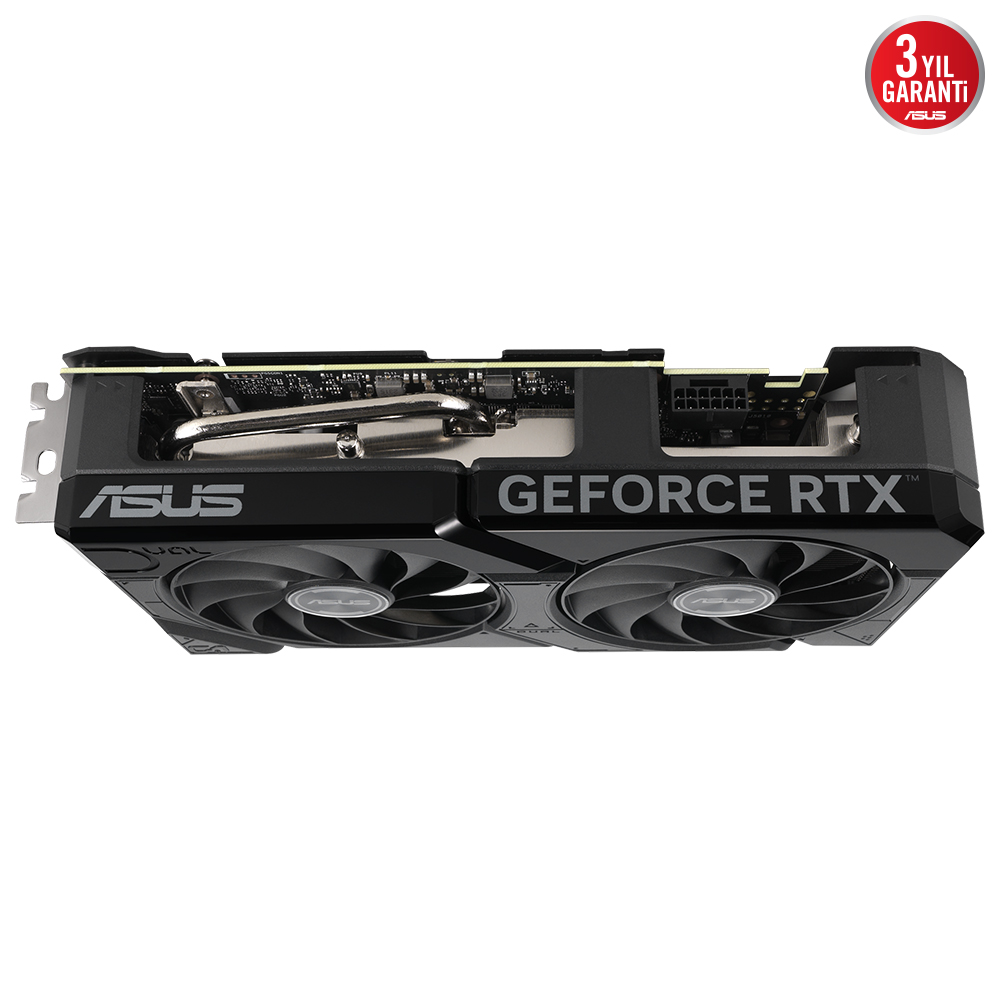 İki fanlı siyah ASUS GeForce RTX grafik kartı. Ürün detaylarını içerir.