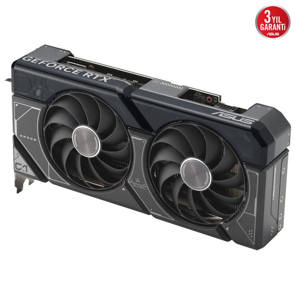 İki fanlı siyah ve gri grafik kartı, 'ASUS' marka adı görülebilir.
