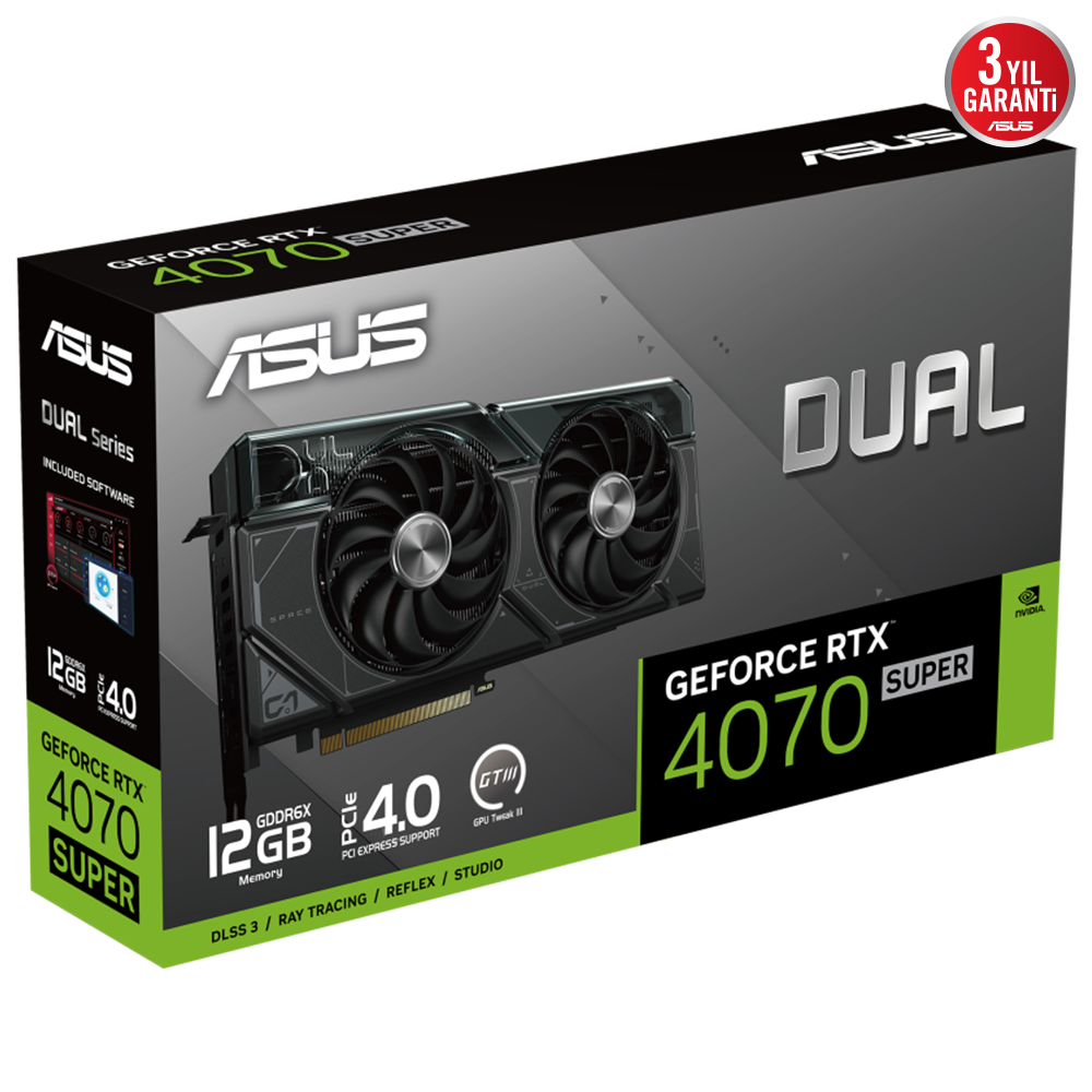 ASUS logosu ve iki fanlı kartın resmi bulunan bir grafik kartı kutusu.