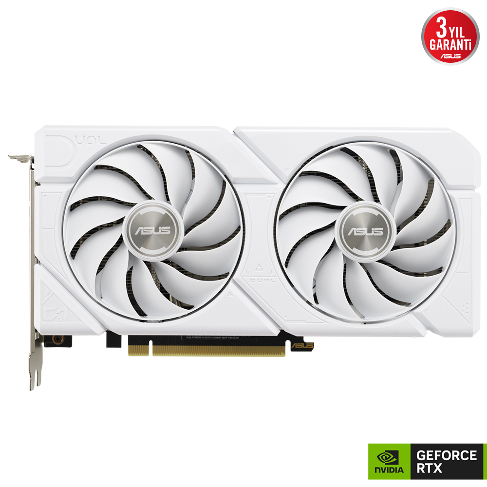 İki fanlı beyaz bilgisayar grafik kartı. Köşede yeşil Nvidia GeForce RTX etiketi.