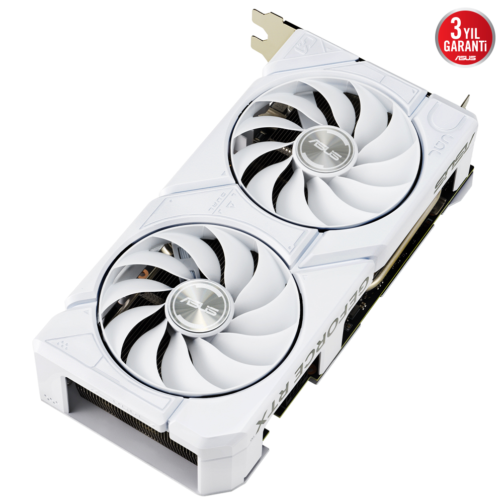 İki fanlı, ASUS logosu ve 'GEFORCE RTX' yazılı beyaz bir ASUS grafik kartı.