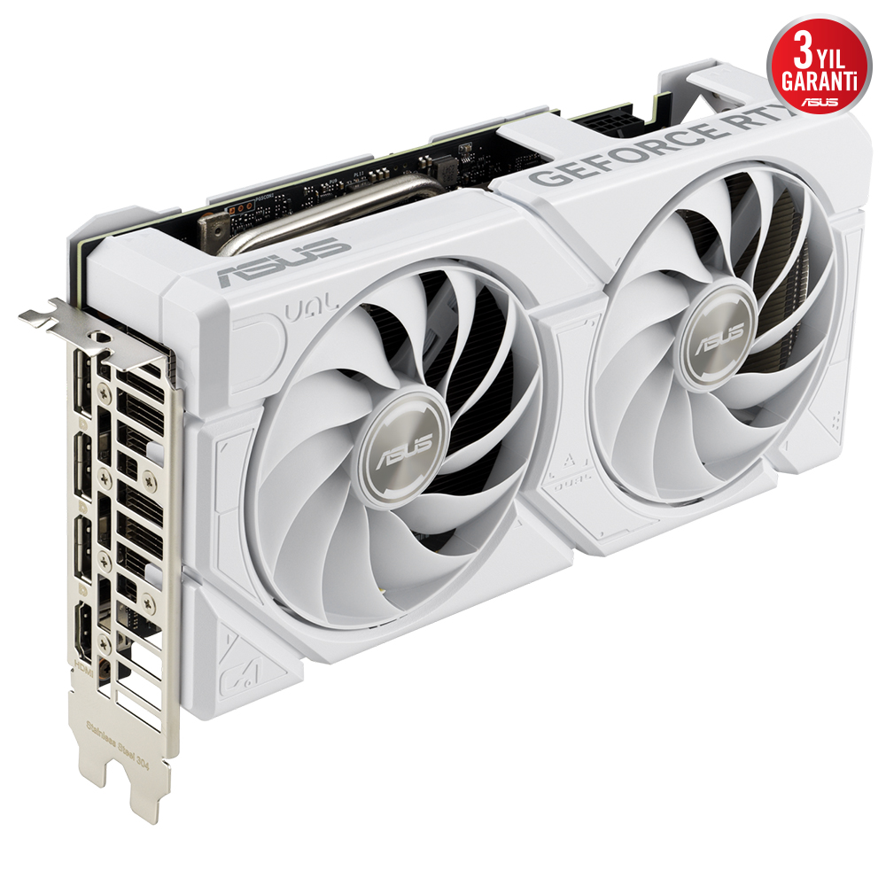 İki fanlı ve ASUS markalı beyaz grafik kartı, birden fazla bağlantı noktası görünür.