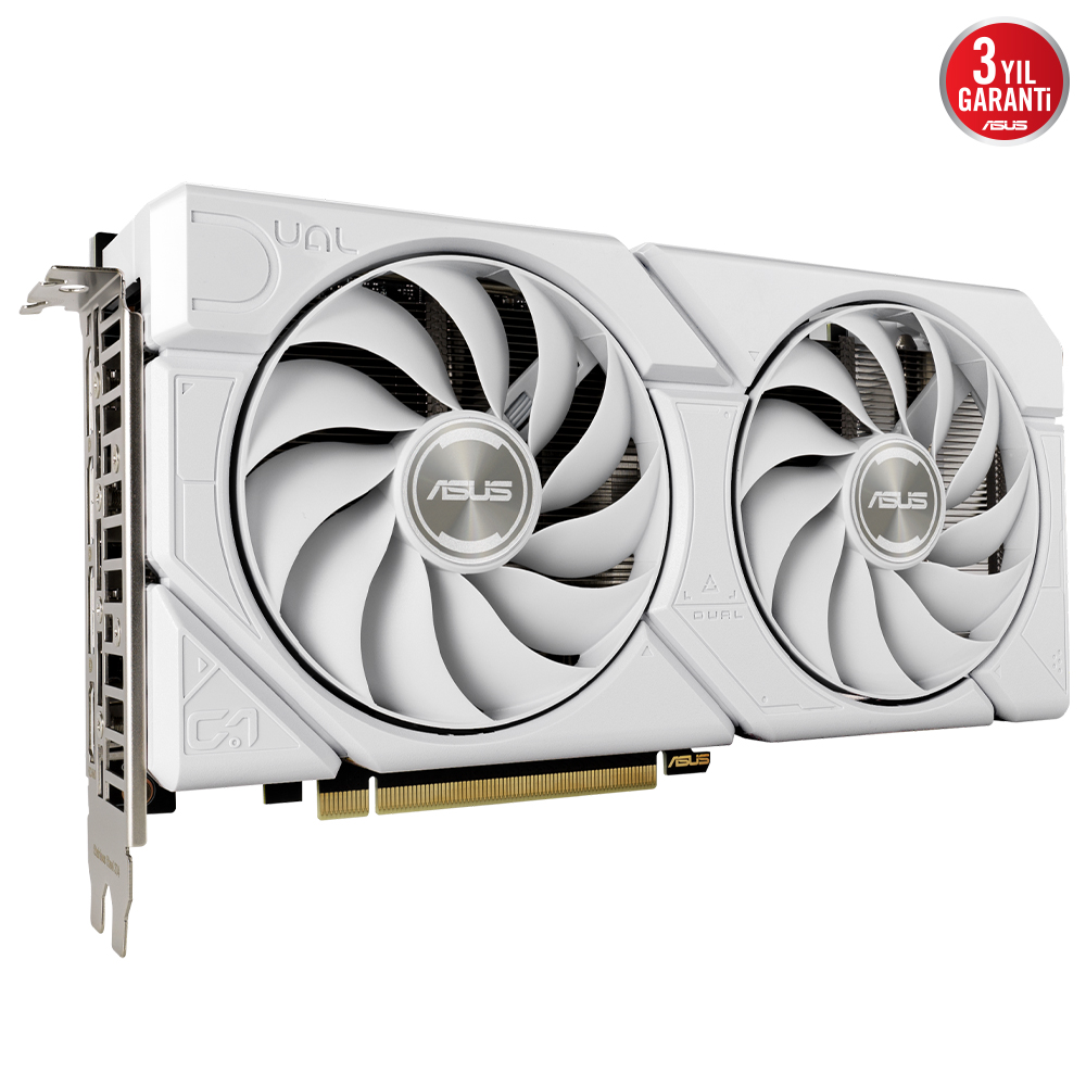 İki fanlı beyaz grafik kartı, Asus logolu ve 3 yıllık garanti etiketi.