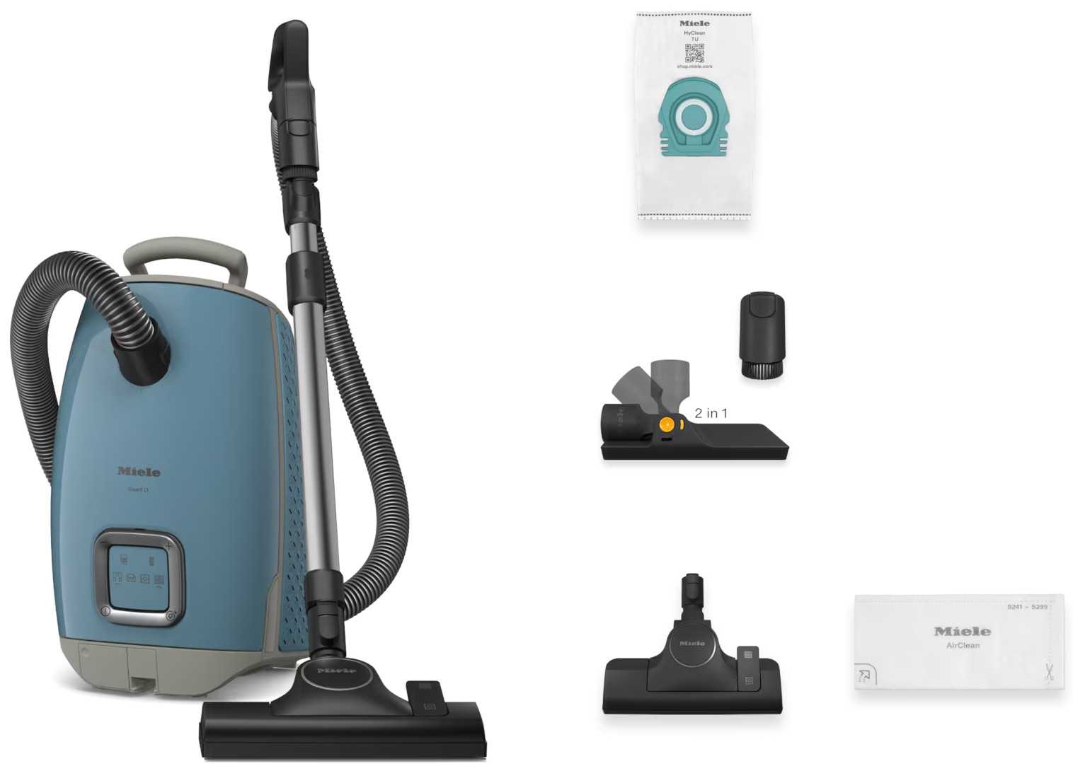 Obraz niebieskiego odkurzacza z kilkoma nasadkami i akcesoriami rozłożonymi obok niego.