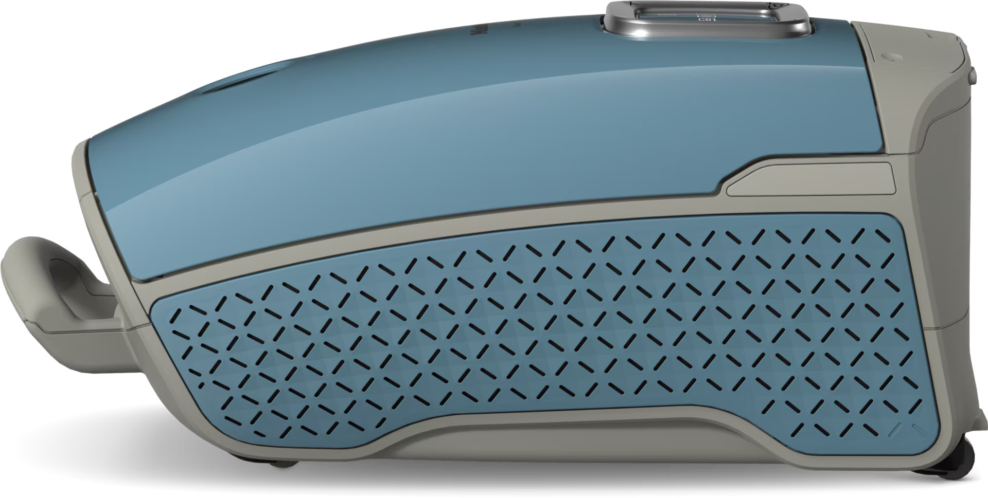 Niebieski i szary odkurzacz. Ma uchwyt i kratkę wentylacyjną.