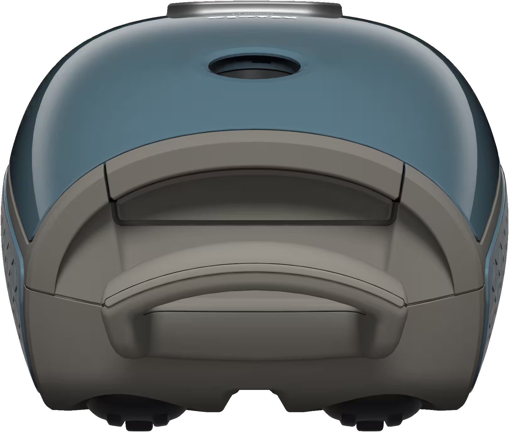 Widok od dołu na niebiesko-szare urządzenie w stylu vintage z uchwytem.