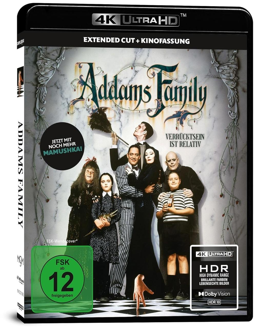 Das Addams Family-Filmcover, mit der Familie, die zusammen posiert, und Text auf Deutsch.