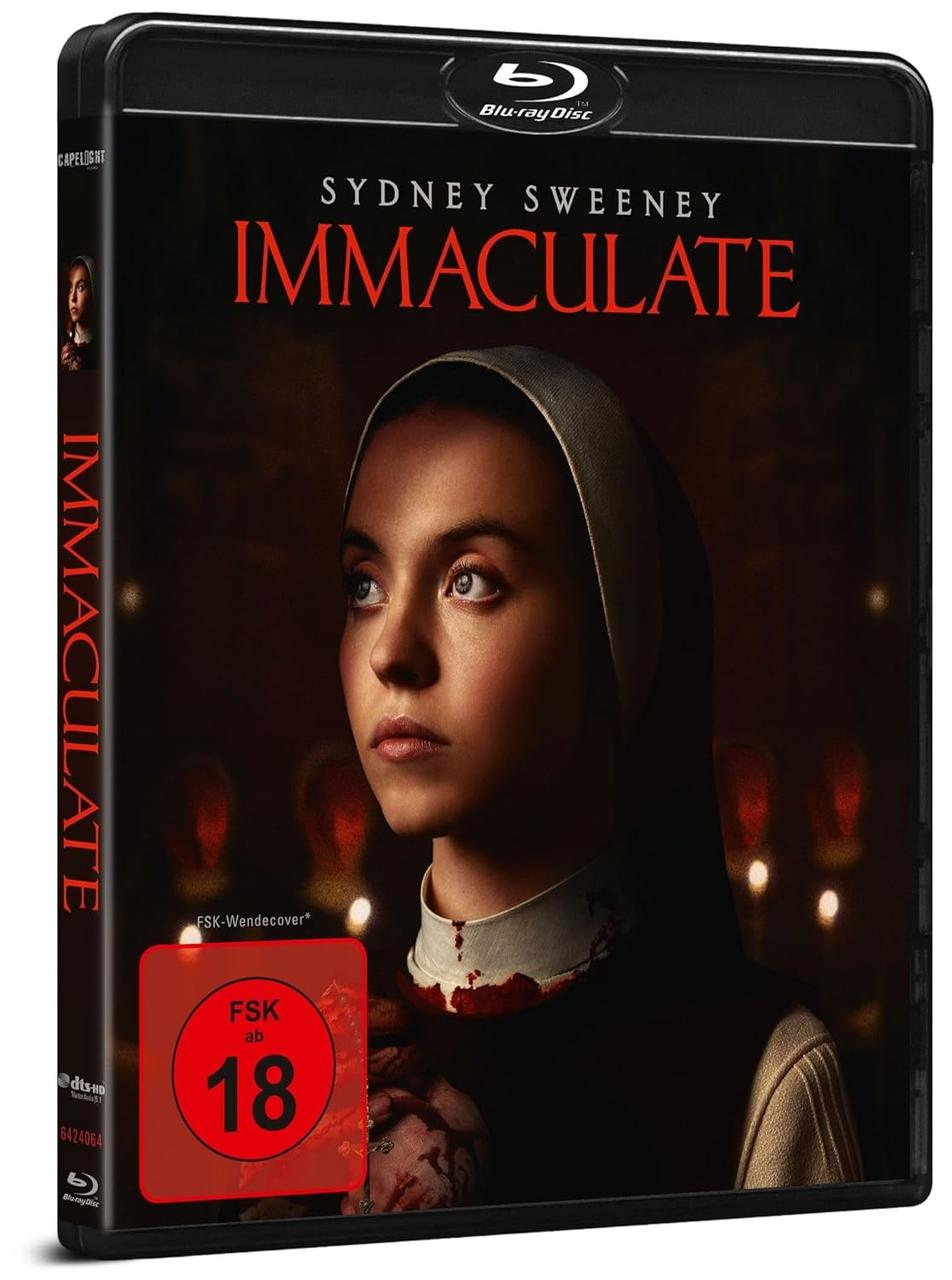 Blu-ray Disc-Hülle mit dem Film 'Immaculate', mit Sydney Sweeney.