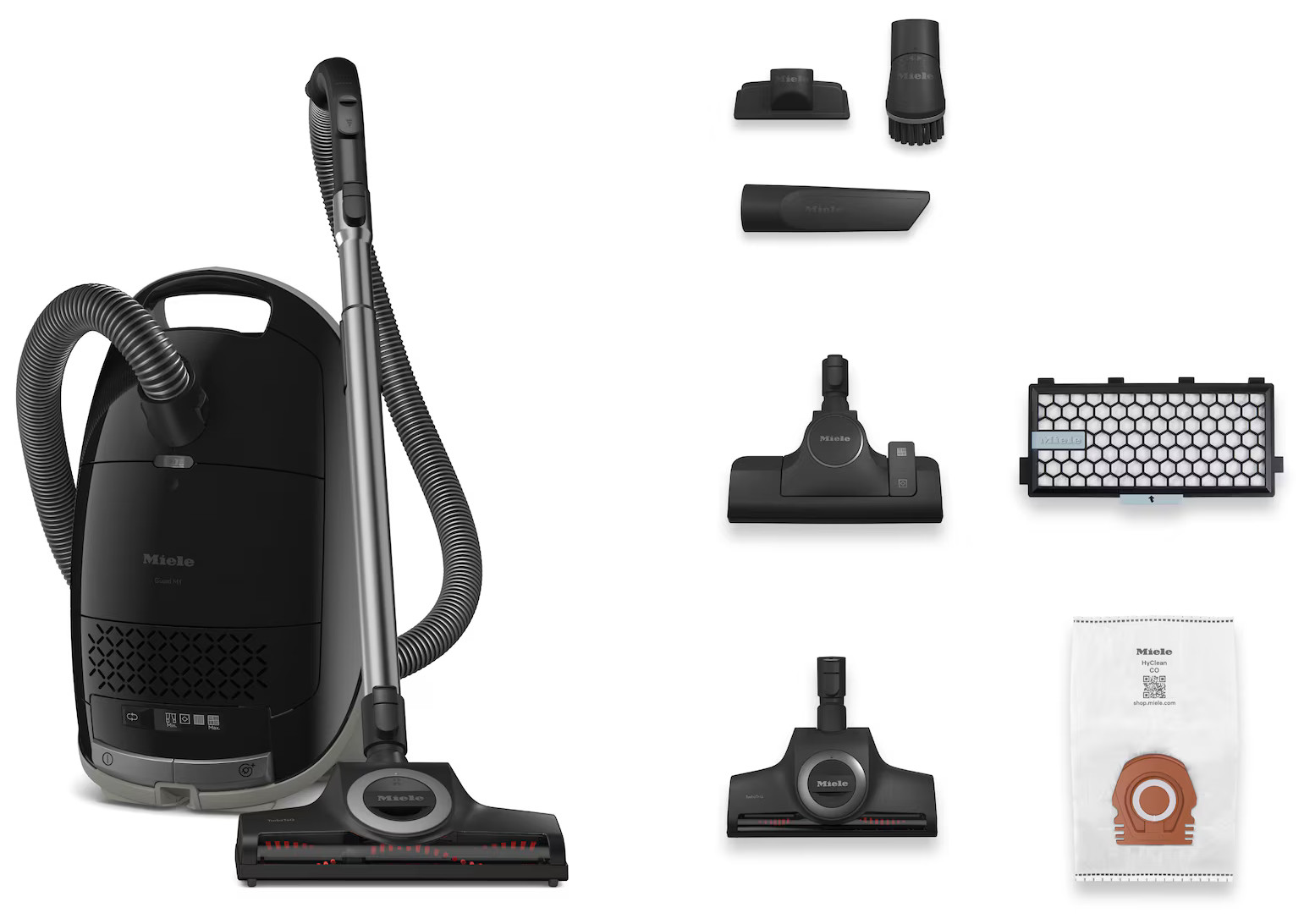 Czarny odkurzacz z akcesoriami. Zawiera wąż, głowicę czyszczącą i inne akcesoria.