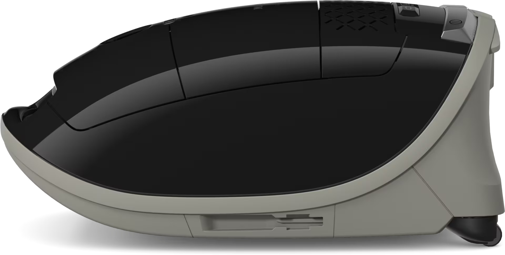 Ujęcie z perspektywy czarnego i szarego odkurzacza o zaokrąglonym kształcie.