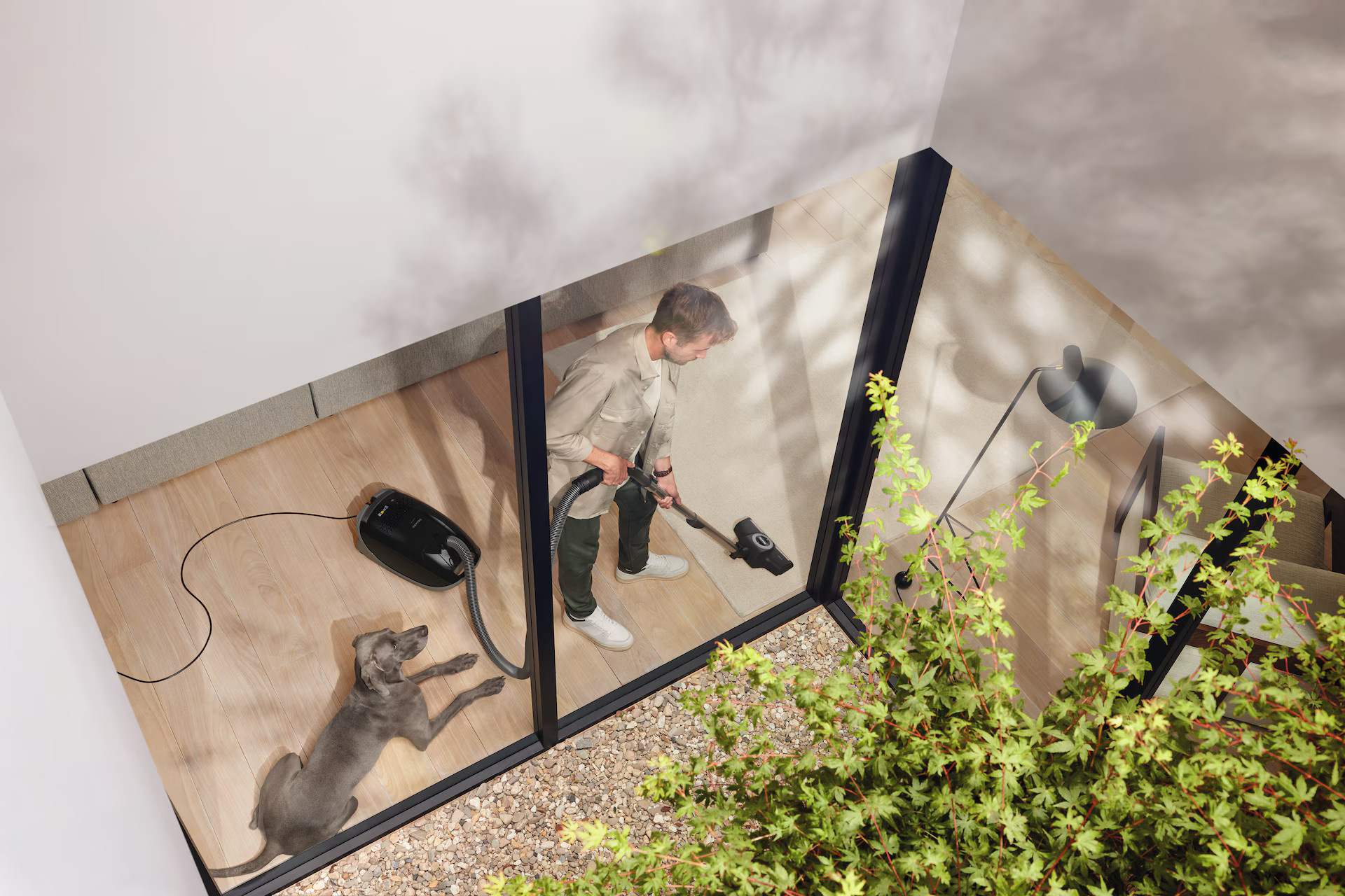 Mężczyzna odkurza dywan, w pobliżu leży pies. Scena z góry przez szklane okno.