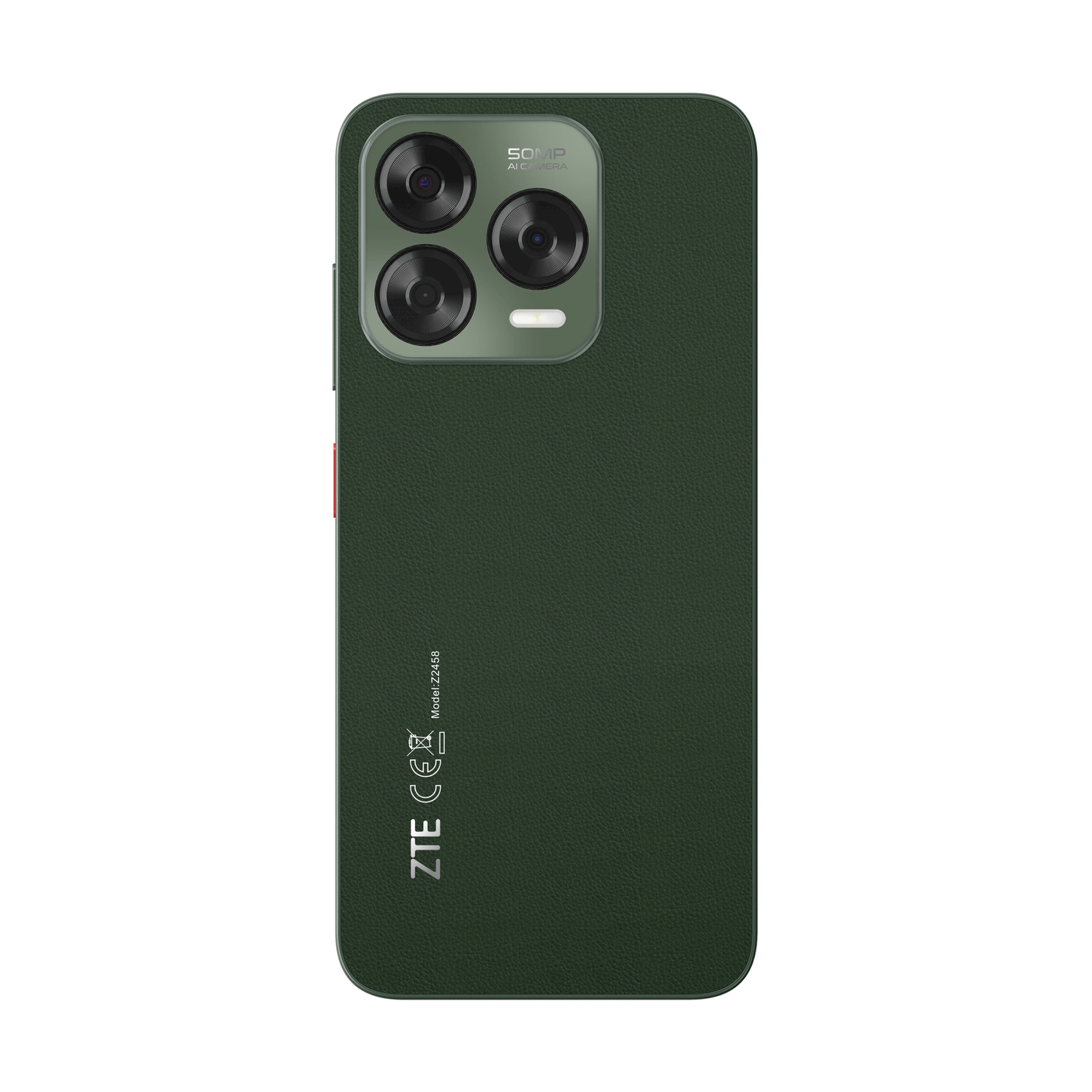 Telefono verde con tre fotocamere. Accento rosso laterale. Logo ZTE in basso.