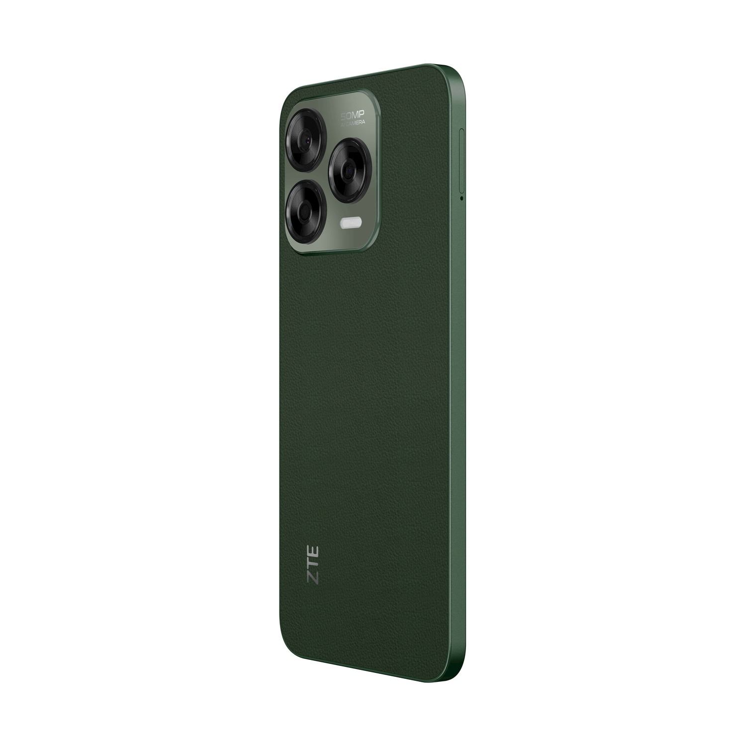 Telefono ZTE verde, vista laterale. Tre obiettivi della fotocamera sul retro.