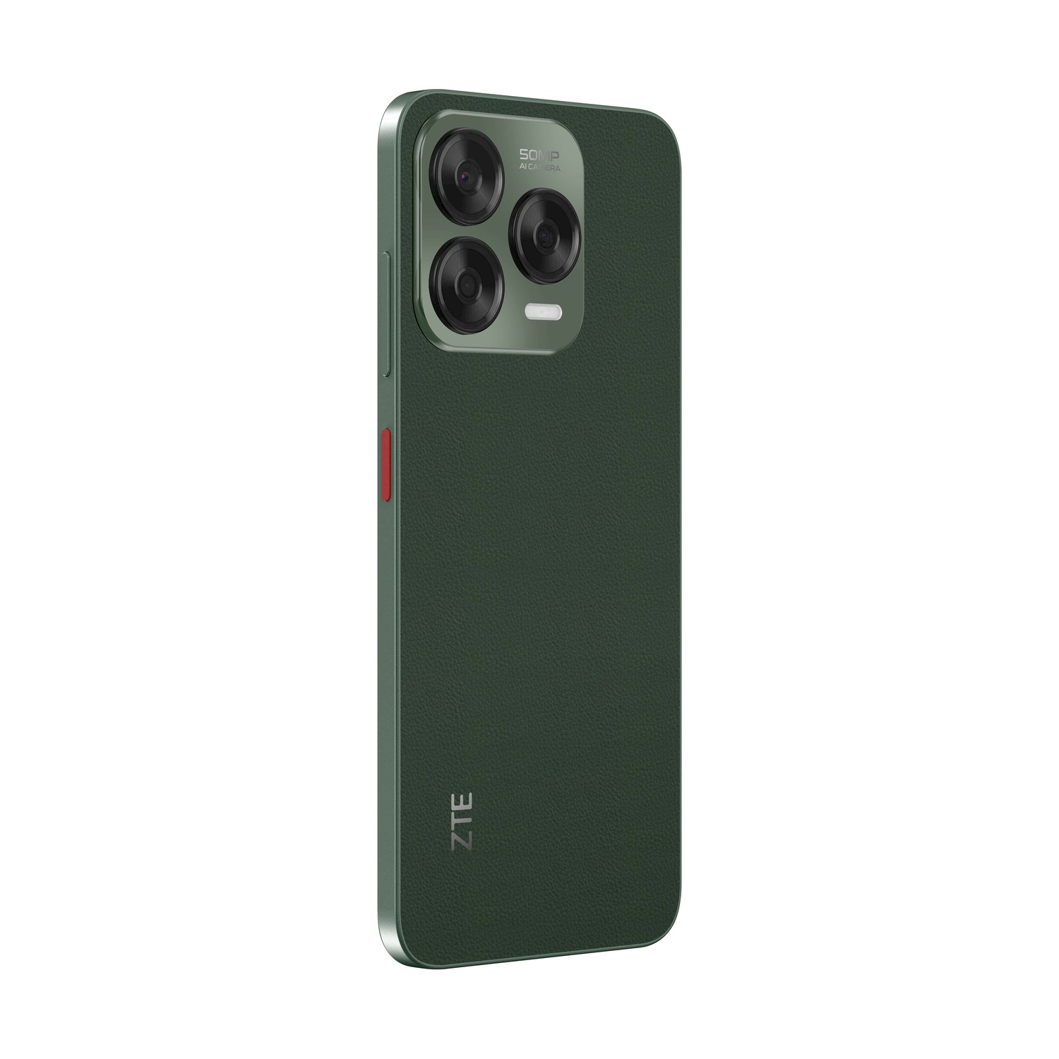 Custodia verde per telefono. La custodia ha un ritaglio per la fotocamera e il marchio ZTE in basso.