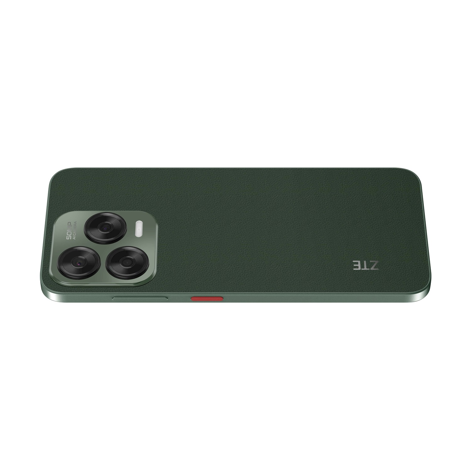 Retro di smartphone verde con fotocamere e logo ZTE. Il modulo fotocamera ha tre lenti.