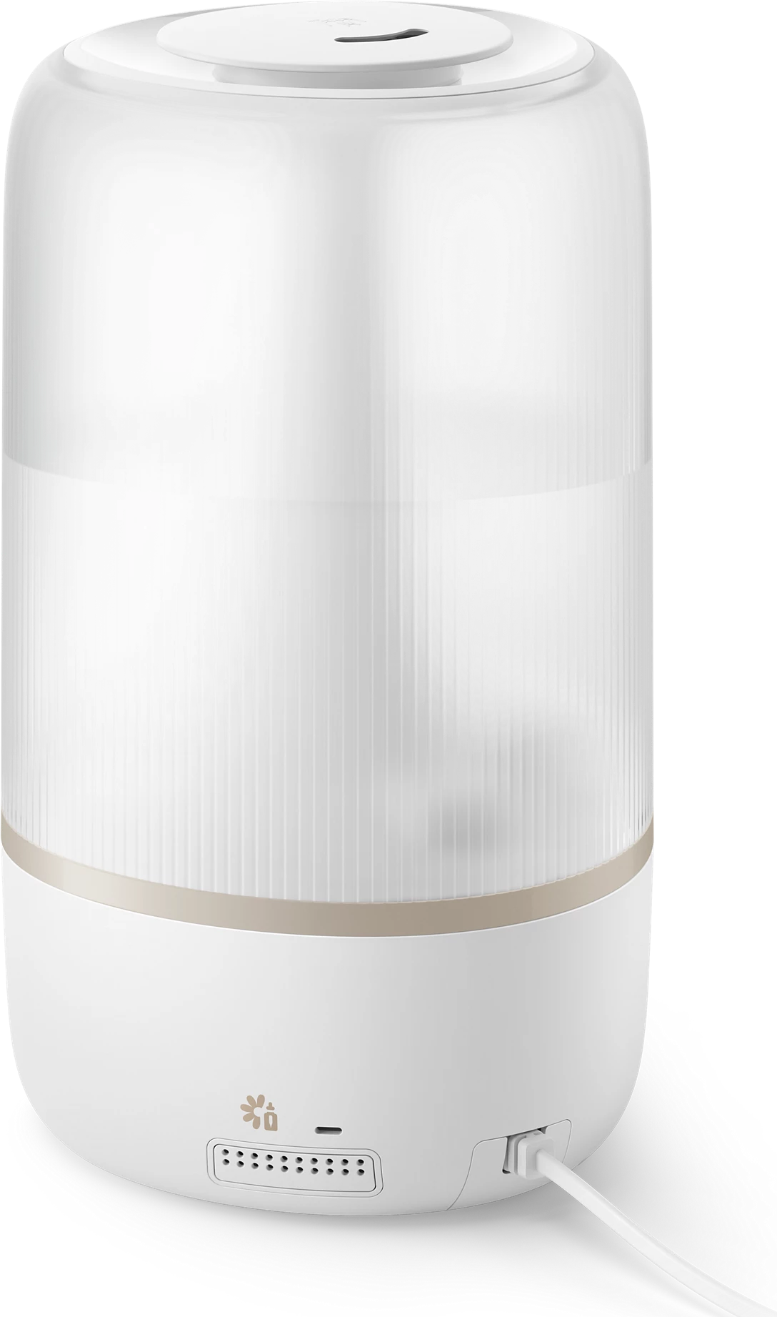 Umidificatore d'aria bianco e beige. Ha una parte superiore trasparente e cilindrica e una base bianca.