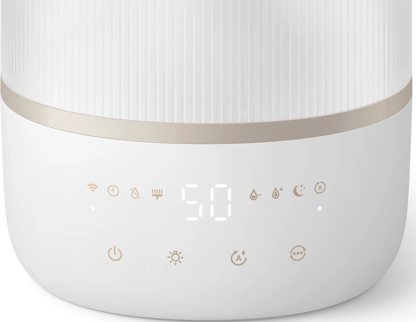 Purificatore d'aria bianco con display digitale che mostra '50' e icone.