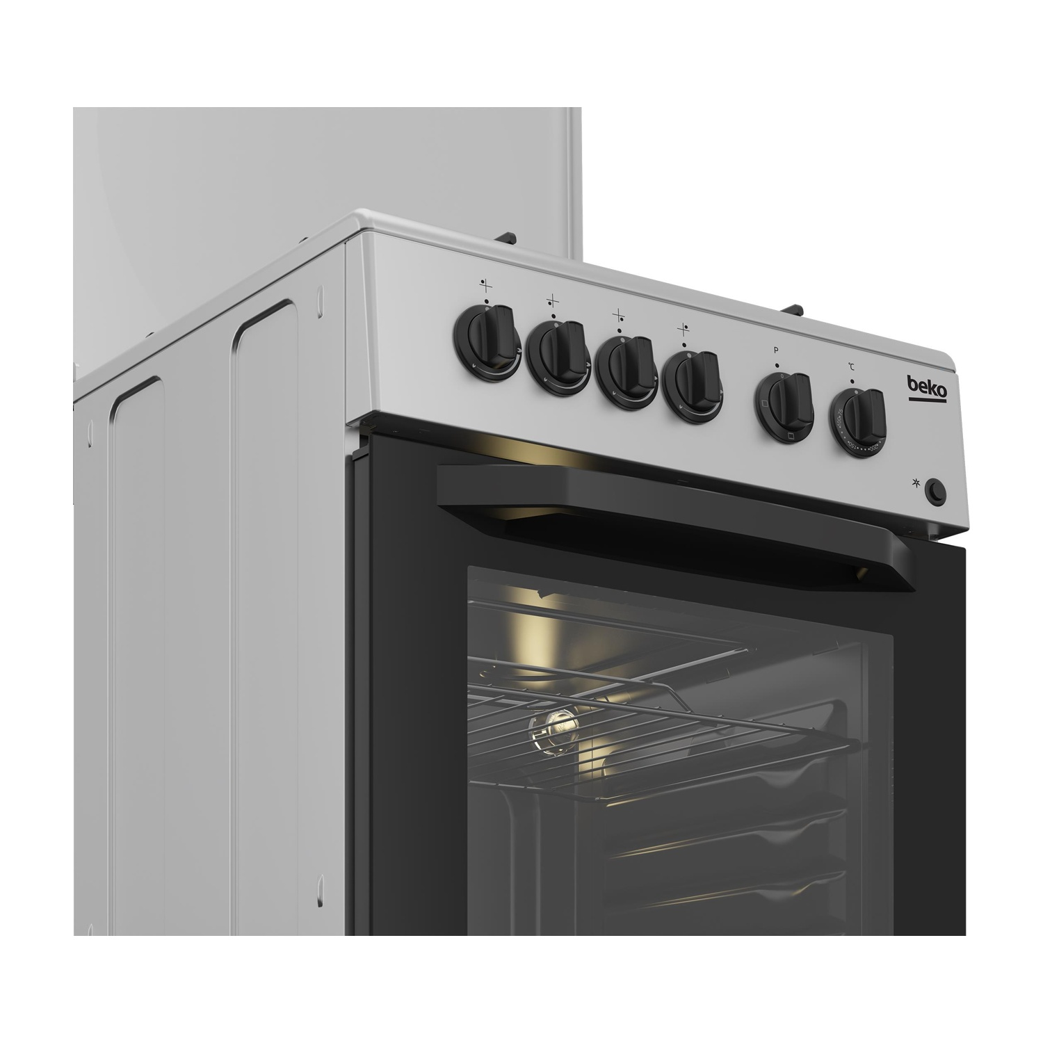 Forno di colore grigio chiaro. Lo sportello del forno è aperto, rivelando l'interno con i ripiani.