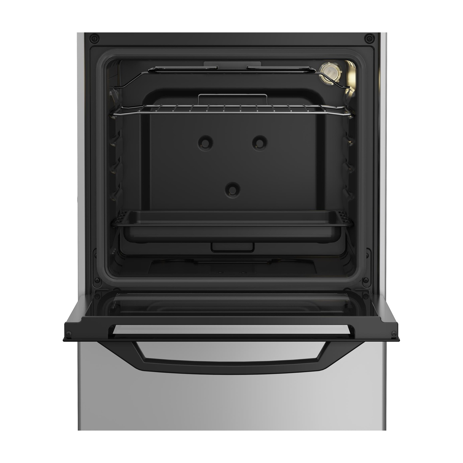 Un forno aperto in acciaio inossidabile con interno nero e griglie.