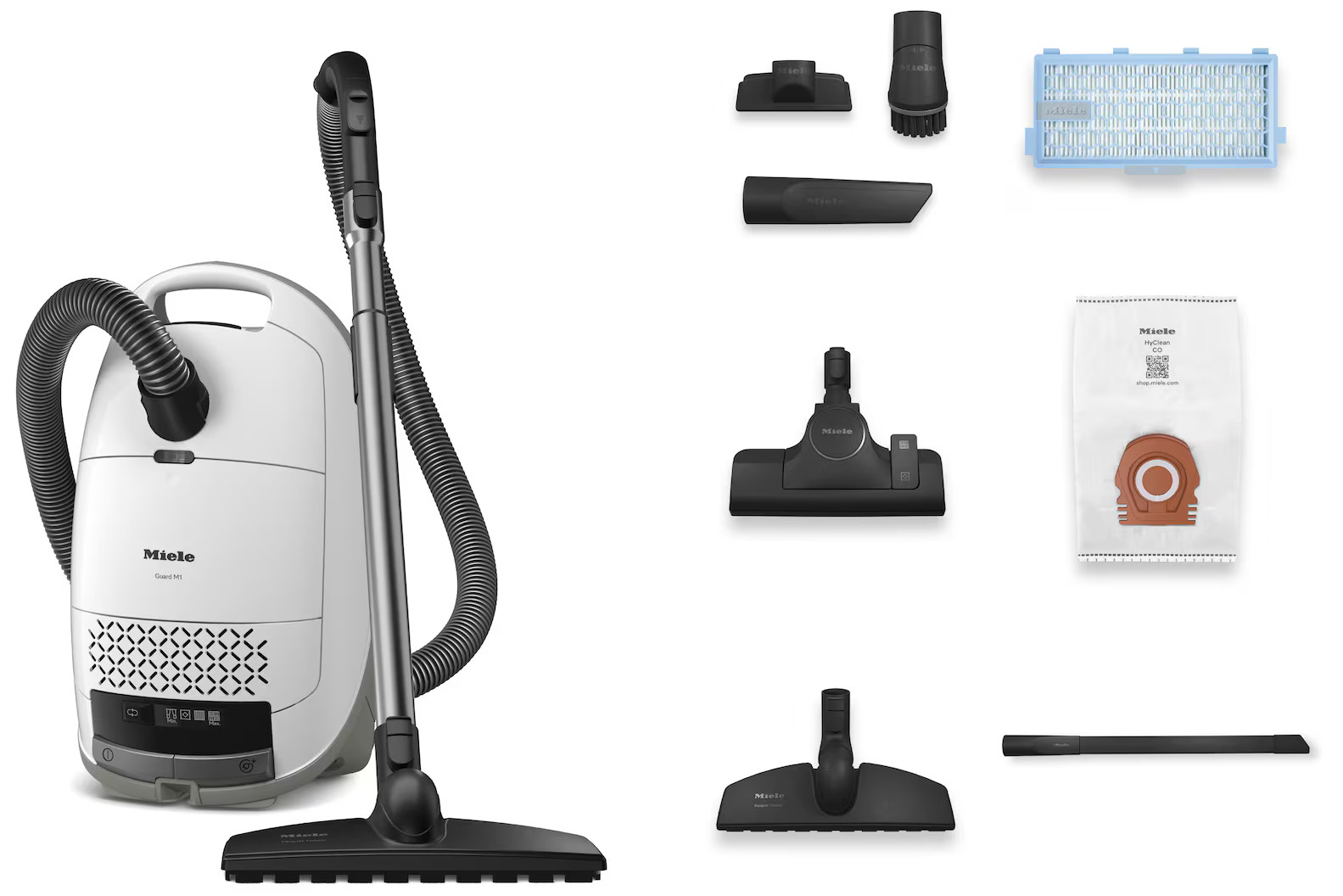 Biały odkurzacz z akcesoriami ułożonymi wokół niego.