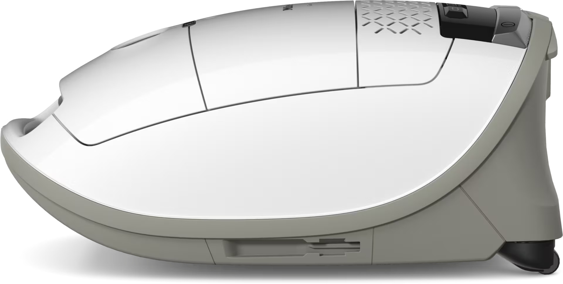 Biało-szary odkurzacz, widok pod kątem, z panelem bocznym i detalami.