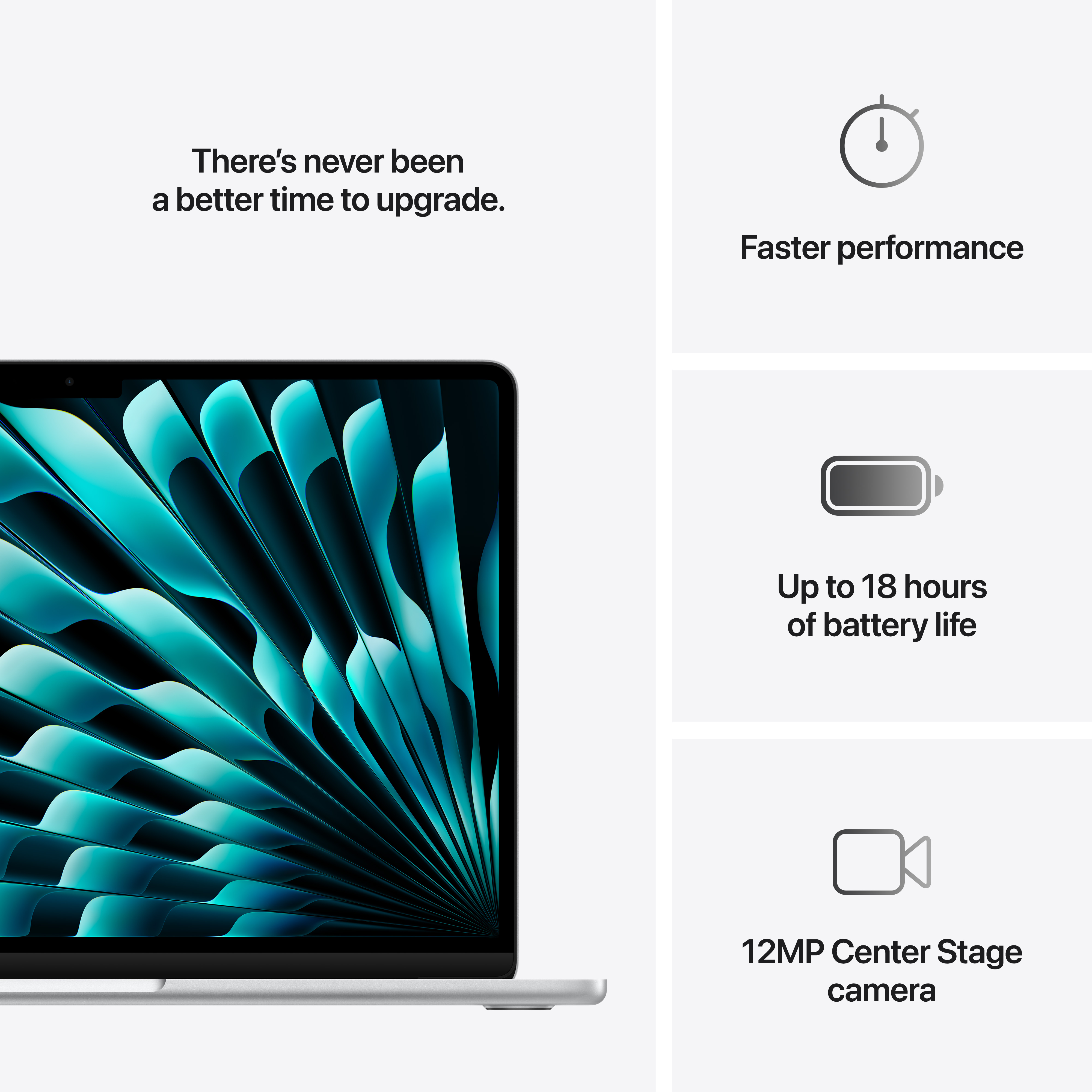 Ein Laptop mit wellenförmigem Hintergrund. Zeigt Symbole für Leistung, Akkulaufzeit und Kamera.