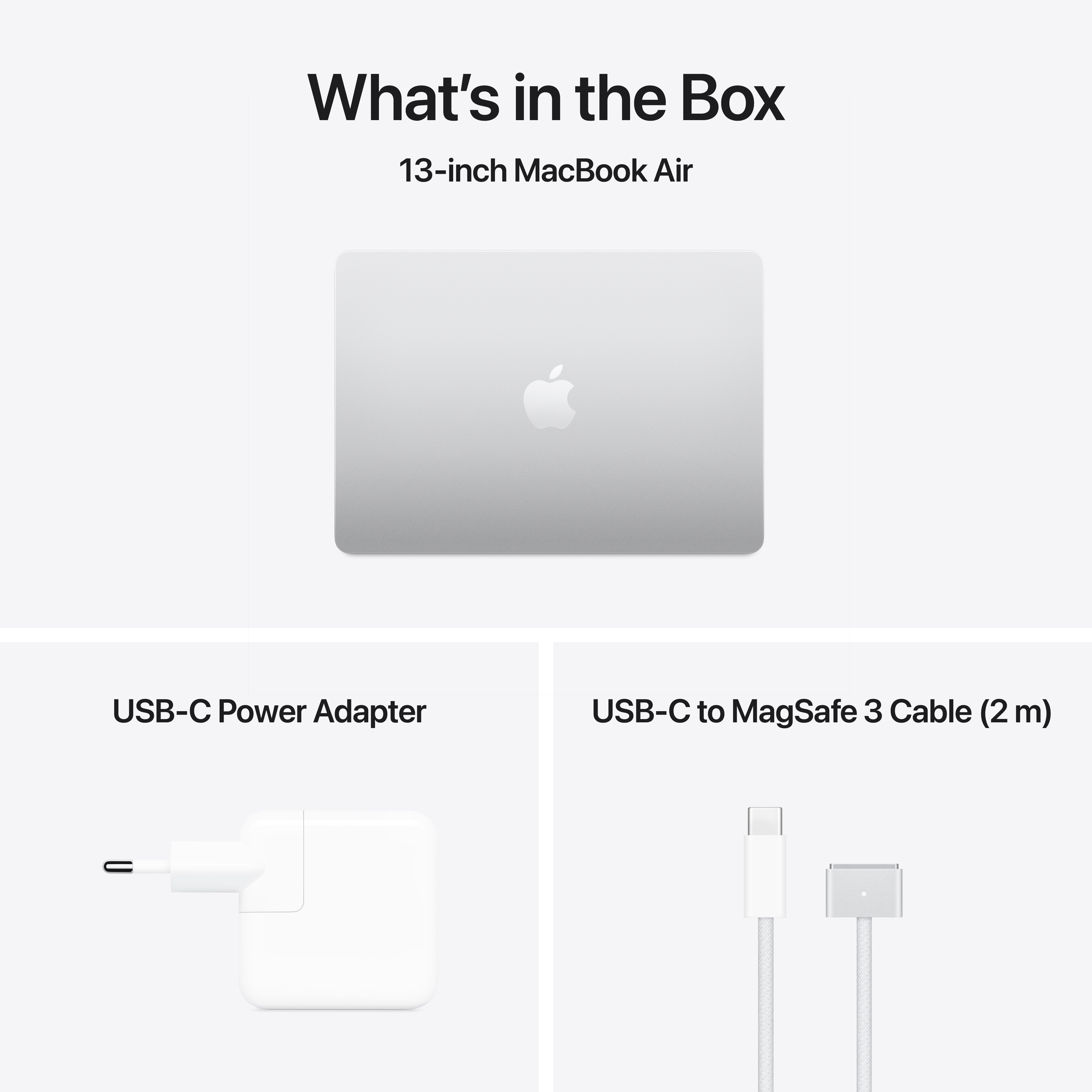 Silbernes MacBook Air, USB-C-Netzteil und ein USB-C-auf-MagSafe-3-Kabel auf weißem Hintergrund.