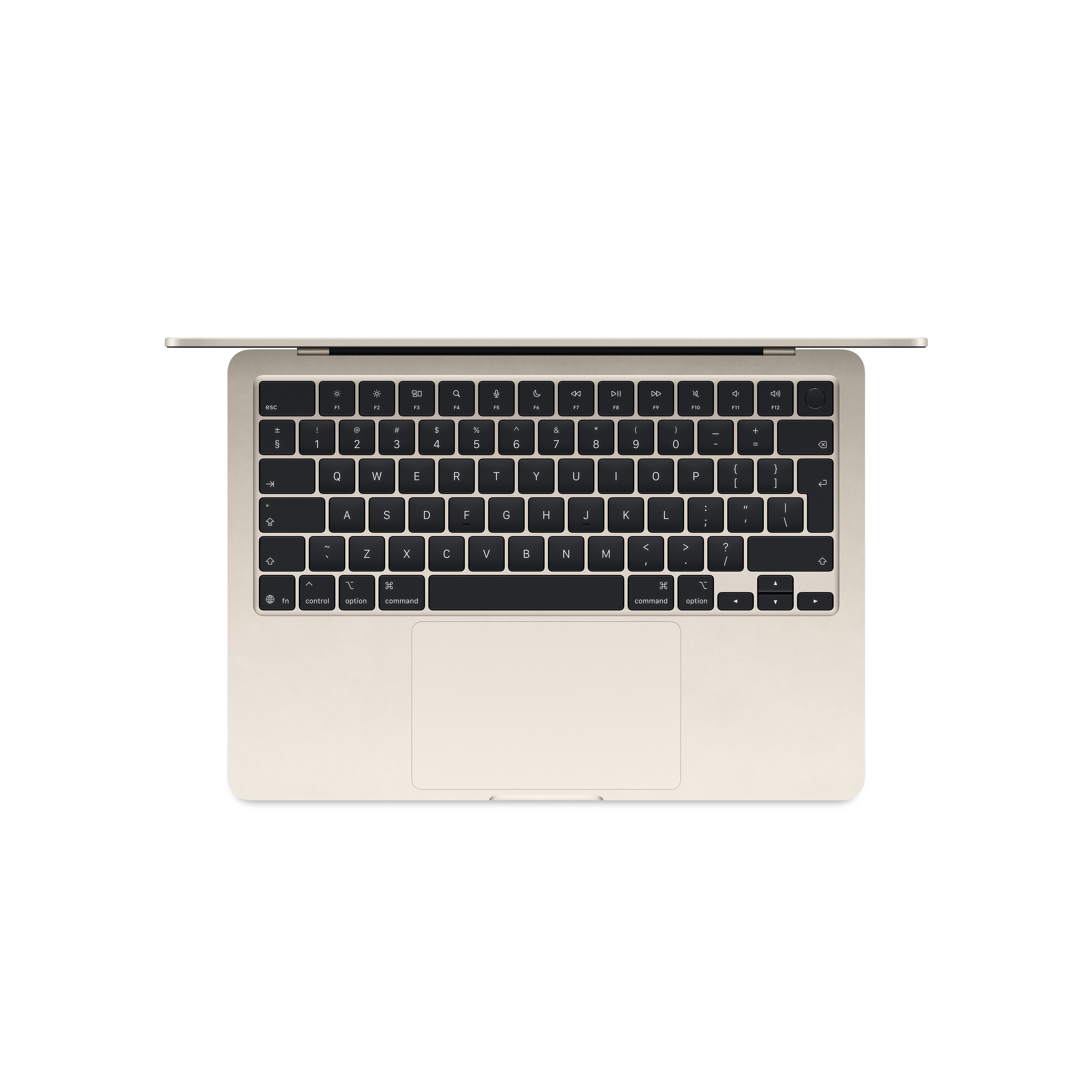Draufsicht auf einen beigen Laptop mit schwarzer Tastatur, offen auf weißem Hintergrund.