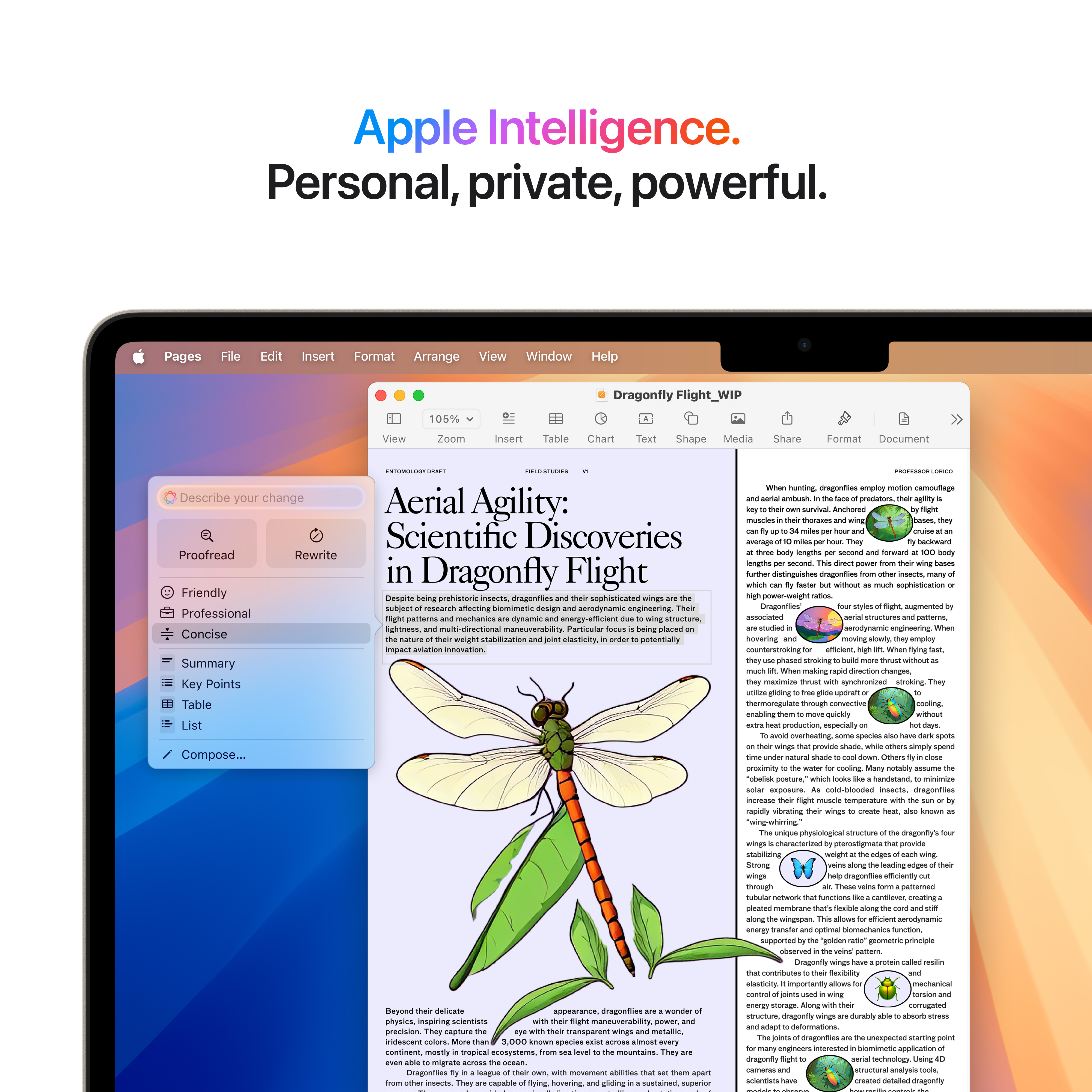 Ein Laptop zeigt ein Dokument über Libellenflüge. Oben steht: 'Apple Intelligence'.
