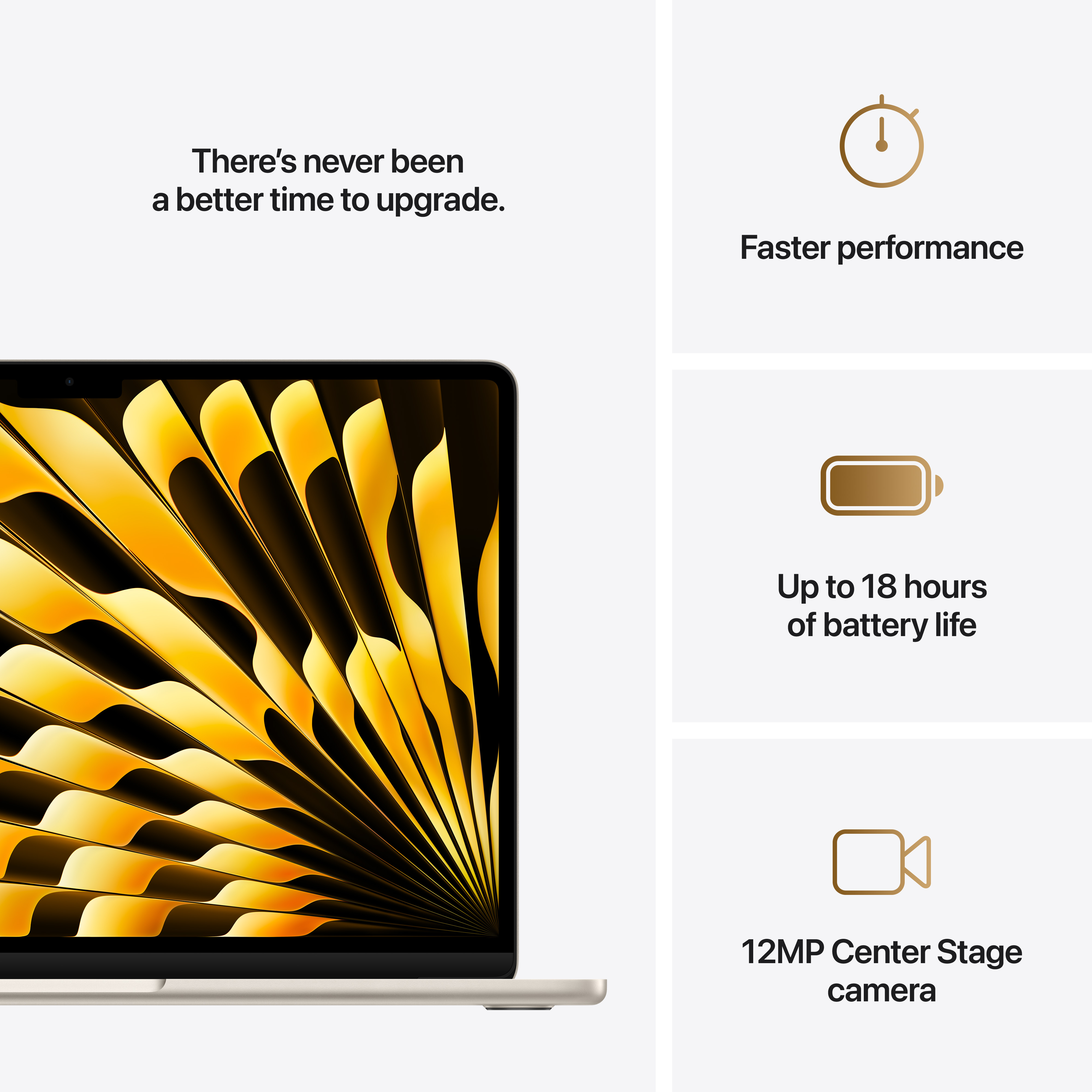 Laptop mit goldenem Bildschirm zeigt Funktionen: Leistung, Akkulaufzeit und Kamera.