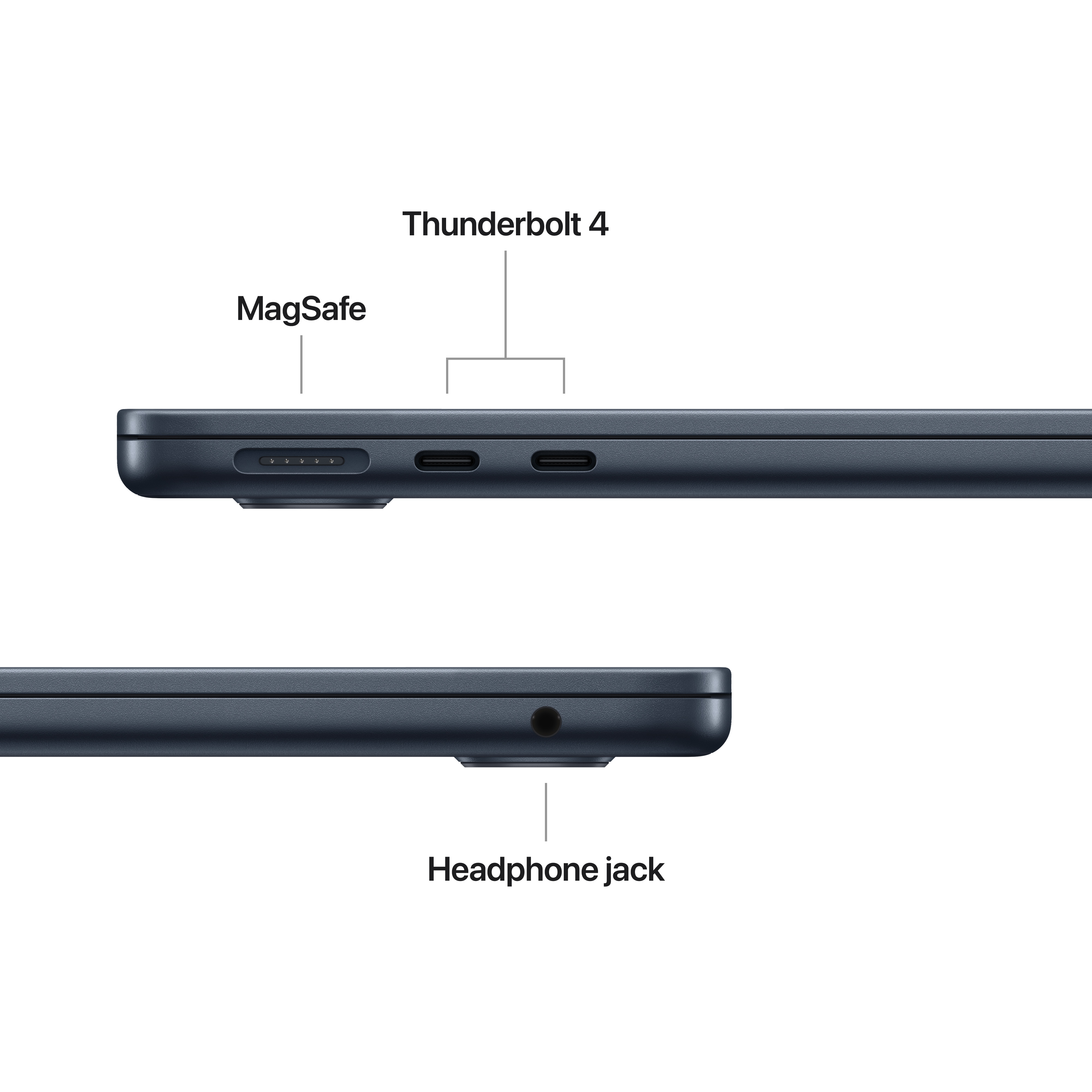 Vista laterale di un laptop con MagSafe, porte Thunderbolt 4 e jack per cuffie.