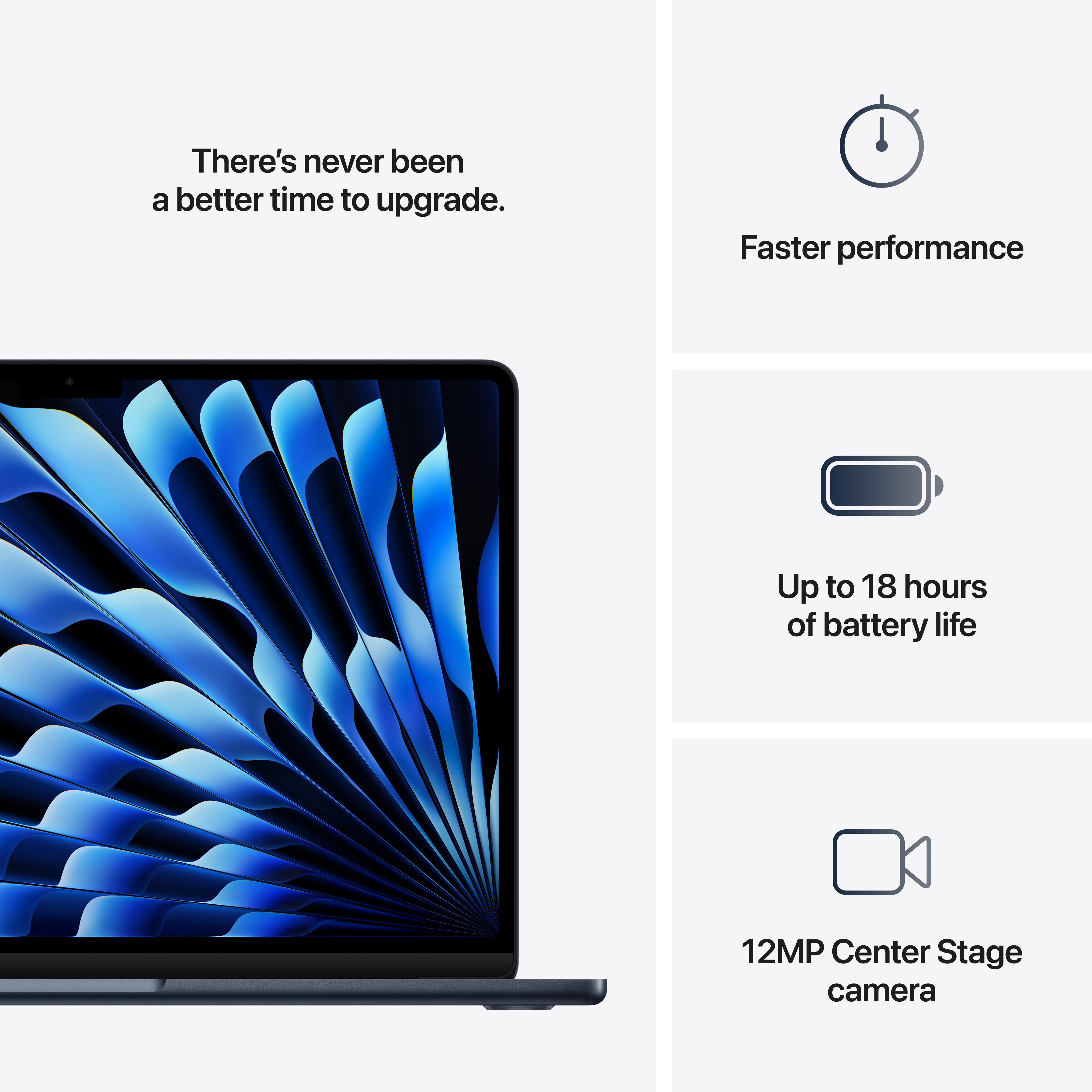 Un laptop con un design blu sullo schermo. Vengono visualizzate tre icone. Sfondo bianco.