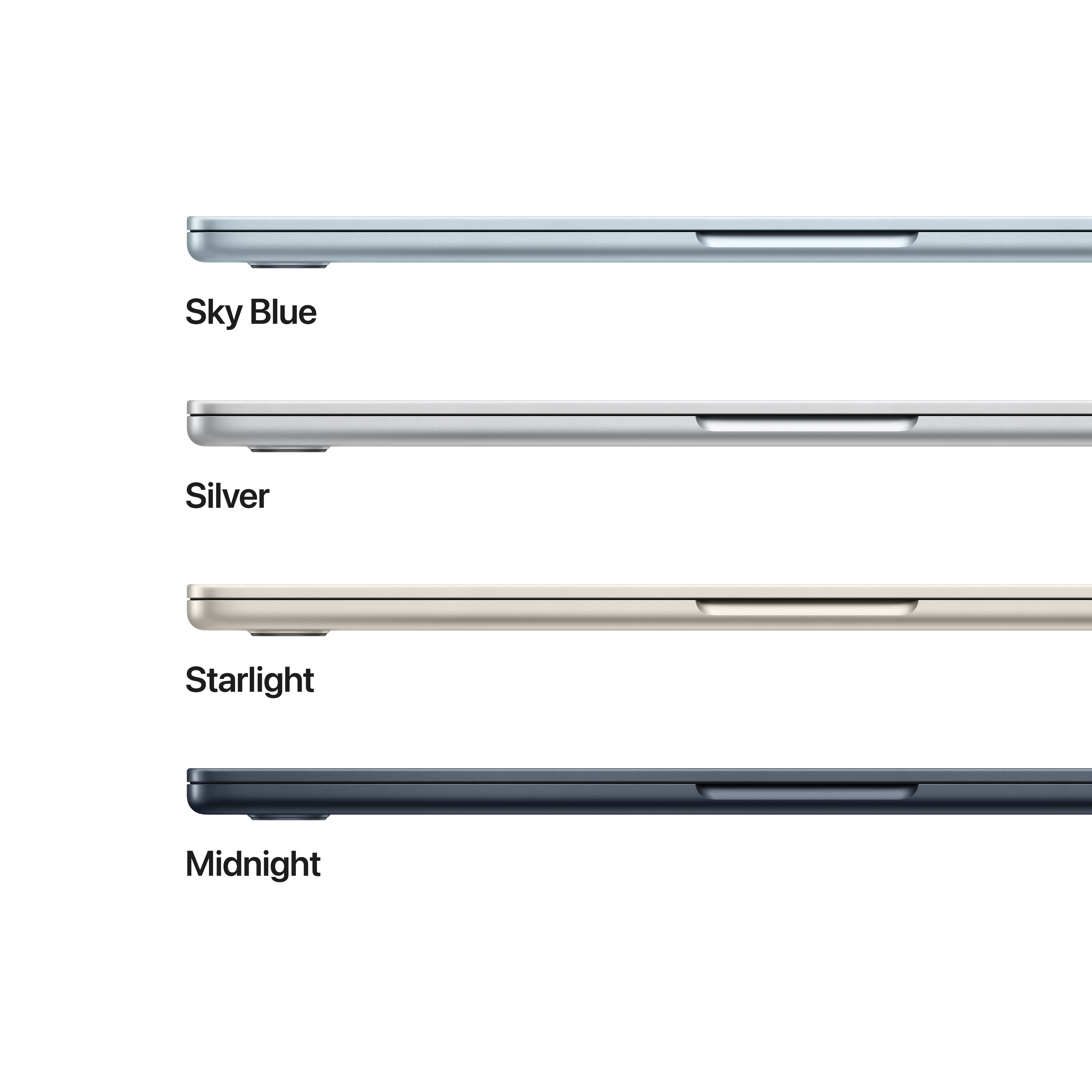 Vier Laptops in Seitenansicht, in den Farben Himmelblau, Silber, Starlight und Mitternacht.