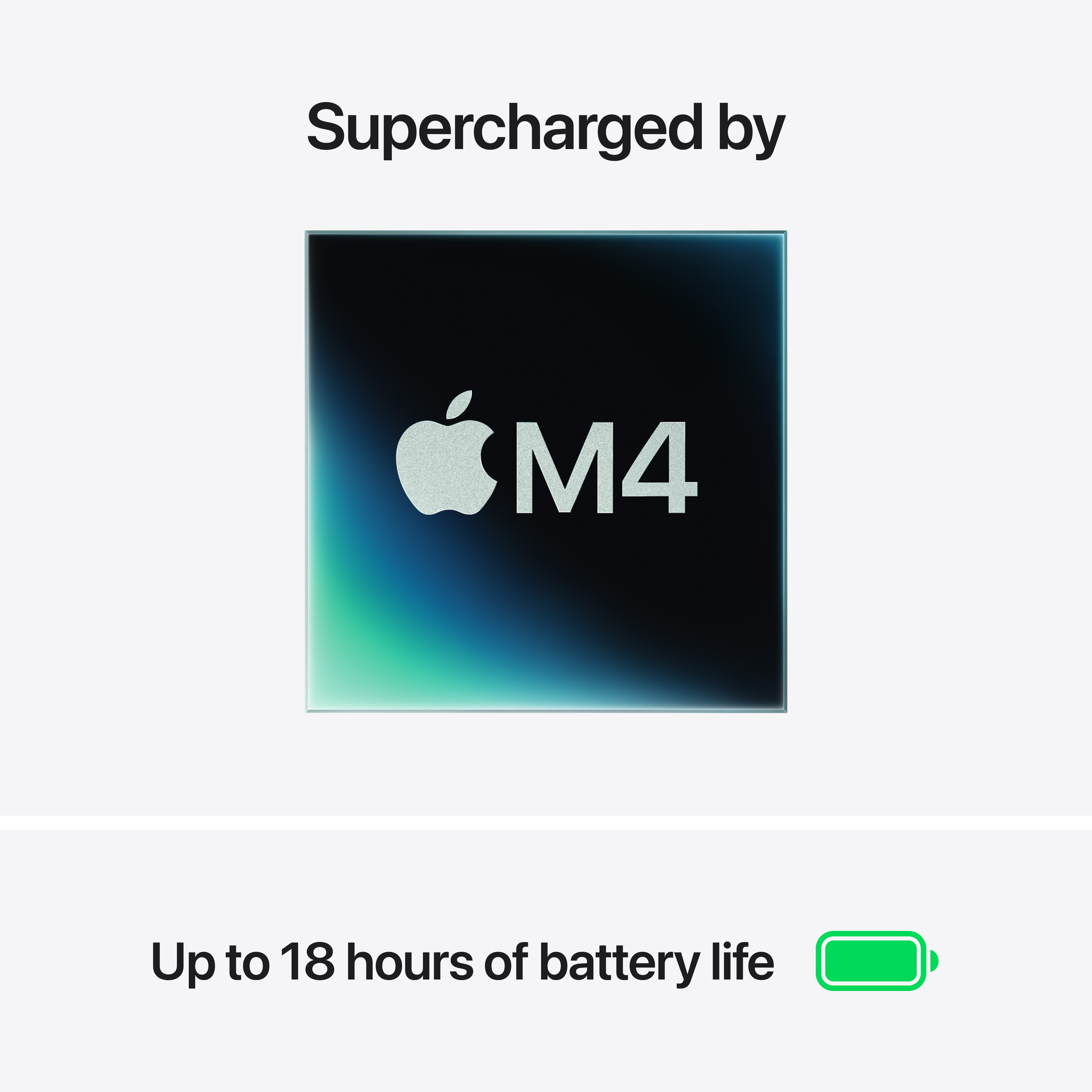 Eine Grafik mit dem Apple M4 Chip-Logo und einer Akkulaufzeitanzeige.