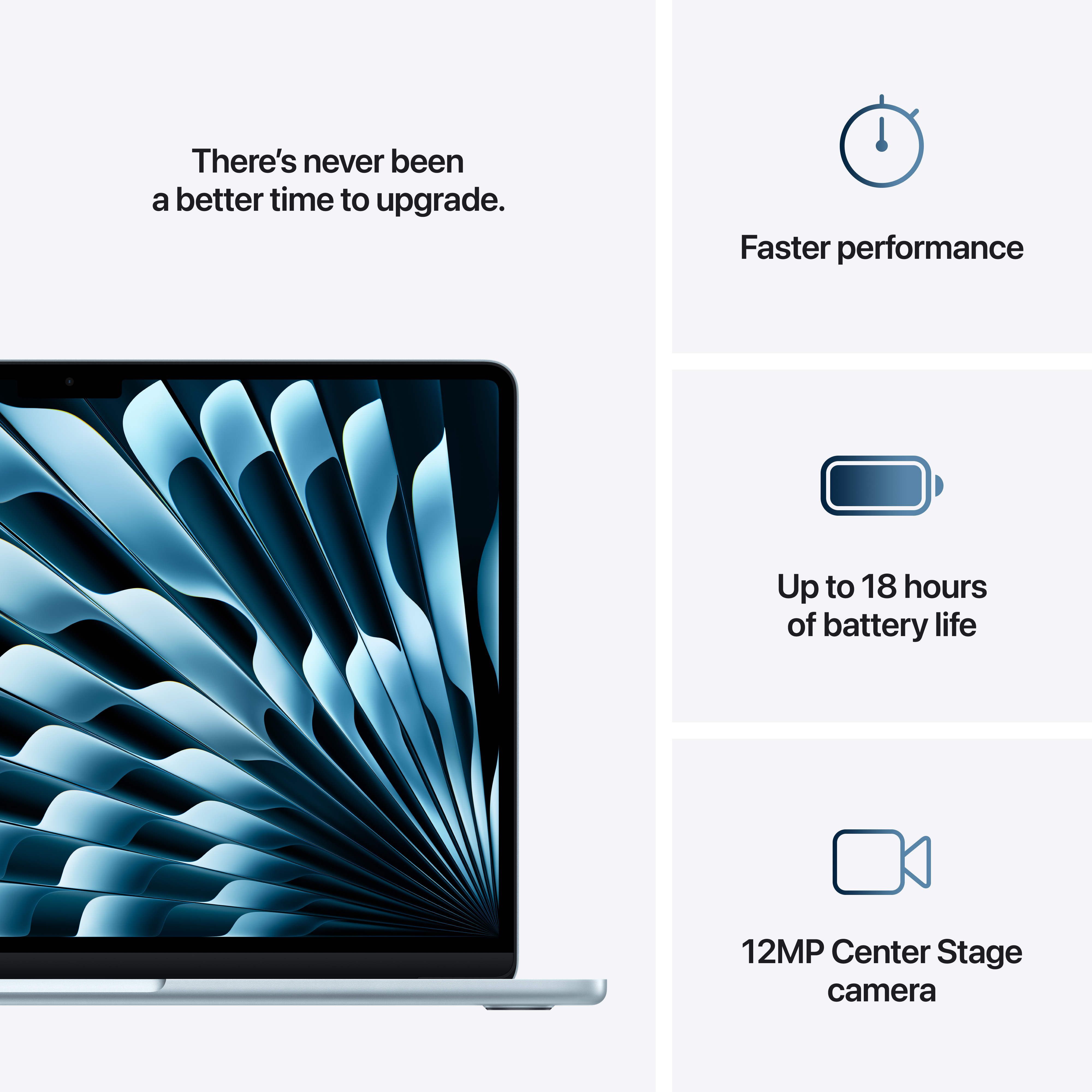Blauer Laptopbildschirm mit abstraktem Design, Text über Leistung und Akkulaufzeit. Weißer Hintergrund.