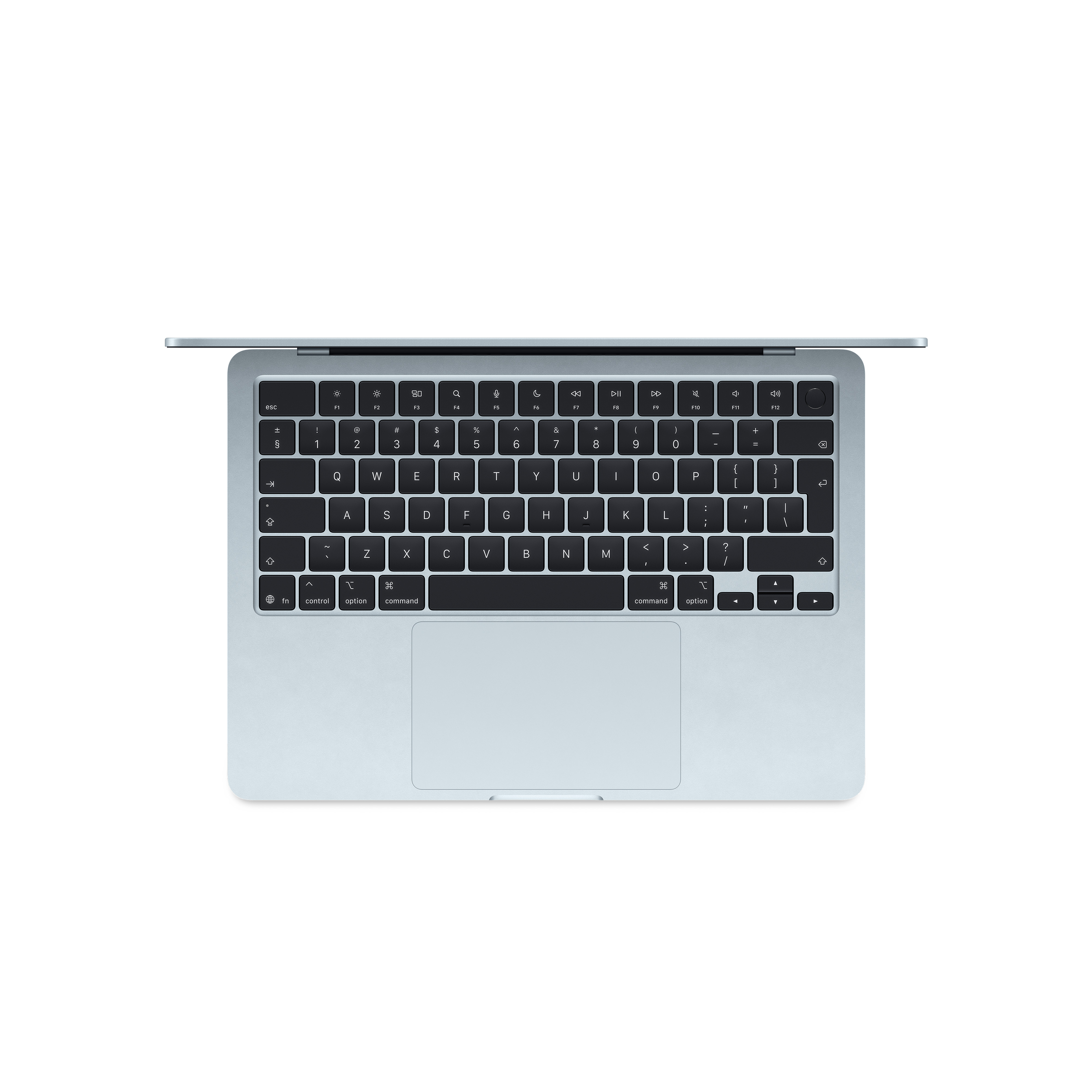 Laptop-Tastatur, Draufsicht, auf weißem Hintergrund. Tasten sind hellblau.