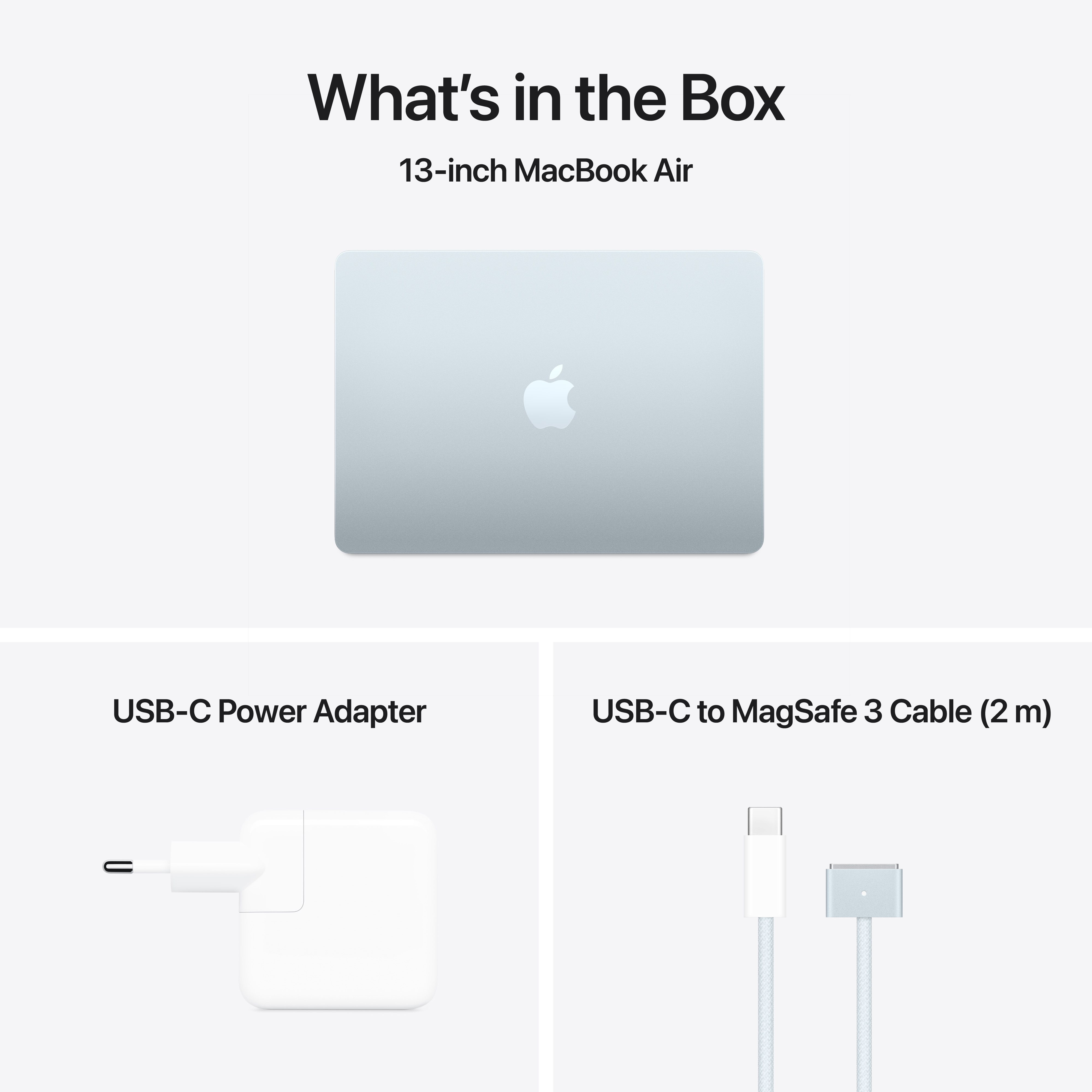 Bild zeigt ein 13-Zoll MacBook Air, ein USB-C-Netzteil und ein USB-C-auf-MagSafe-3-Kabel vor weißem Hintergrund.