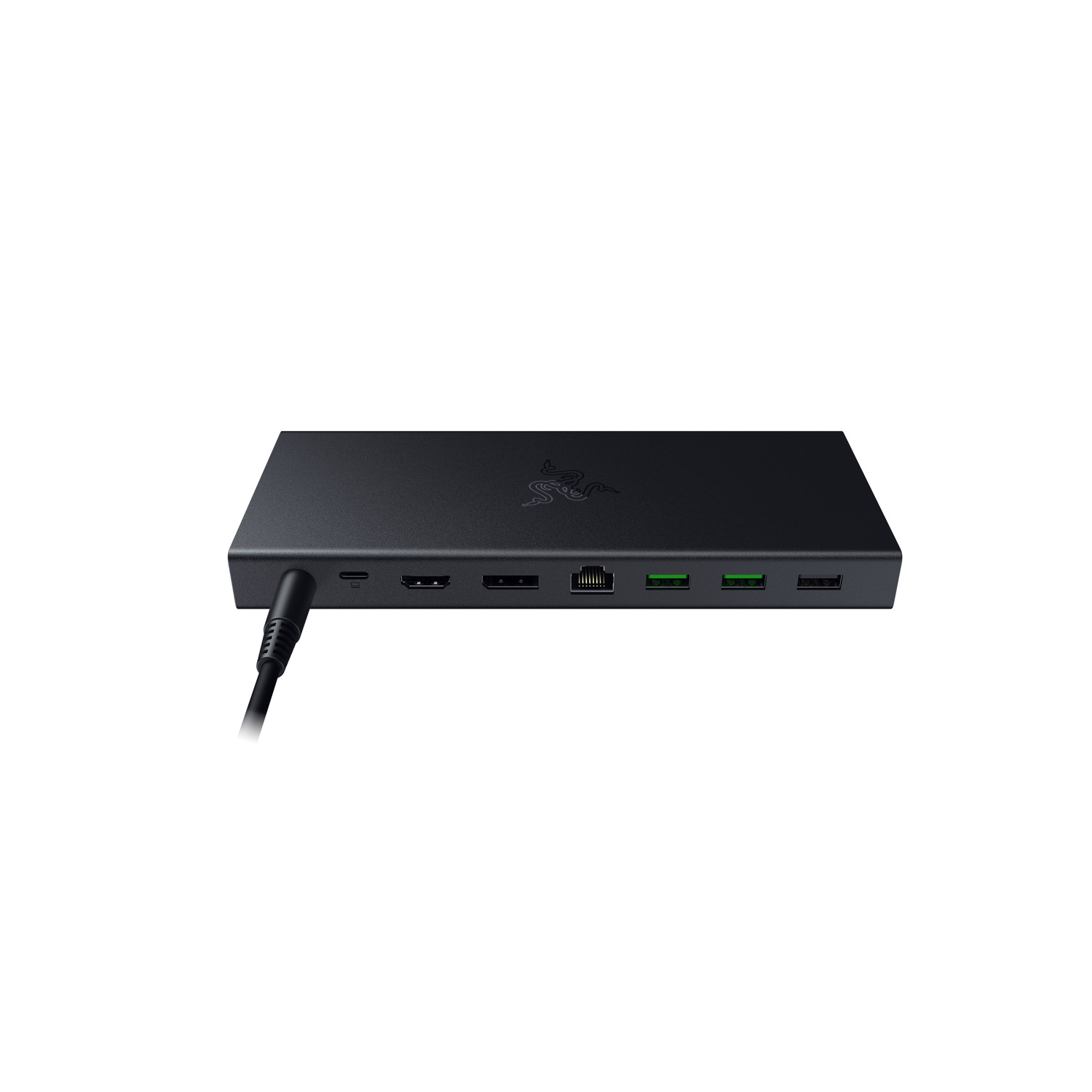 Black Razer docking station with multiple ports, and a power cable, on a white background.