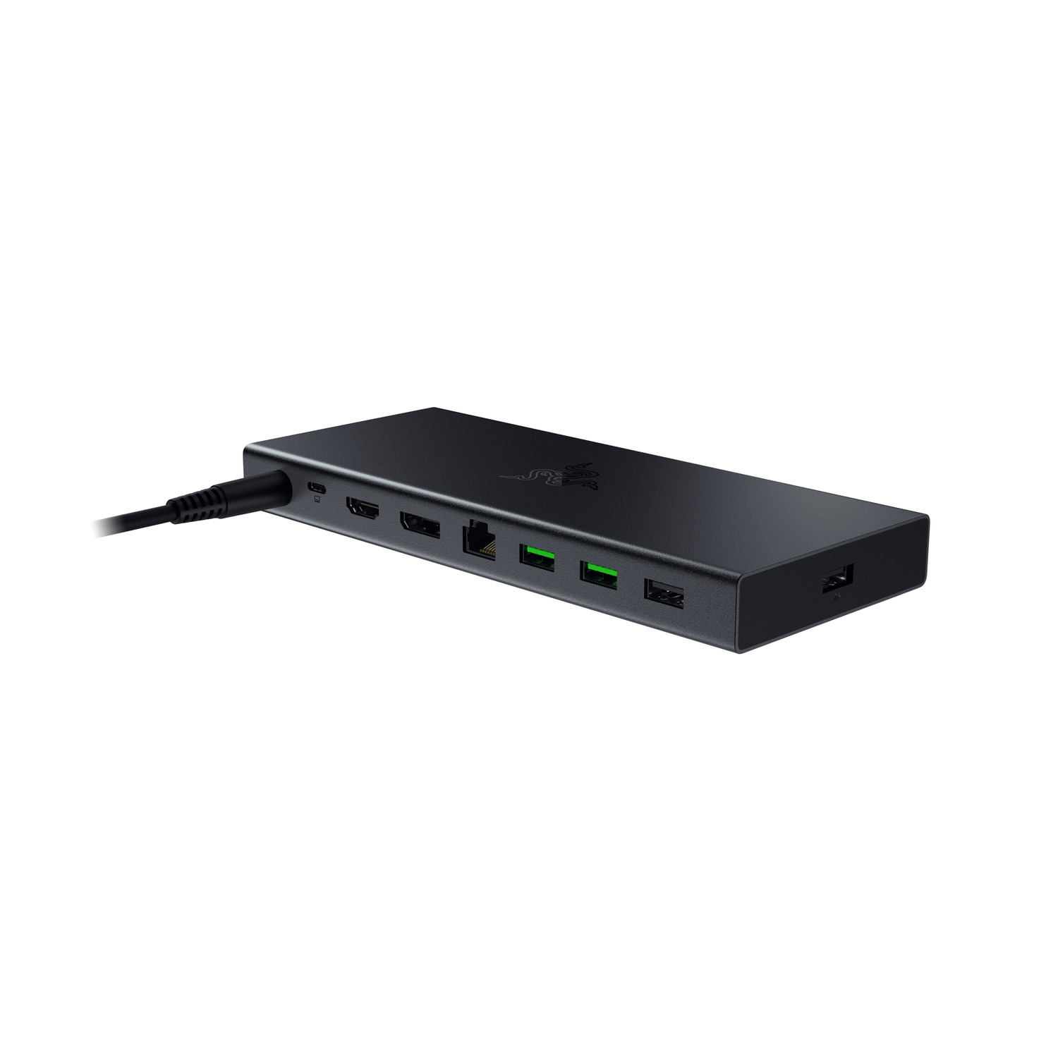 Black Razer docking station with multiple ports and a power cable.