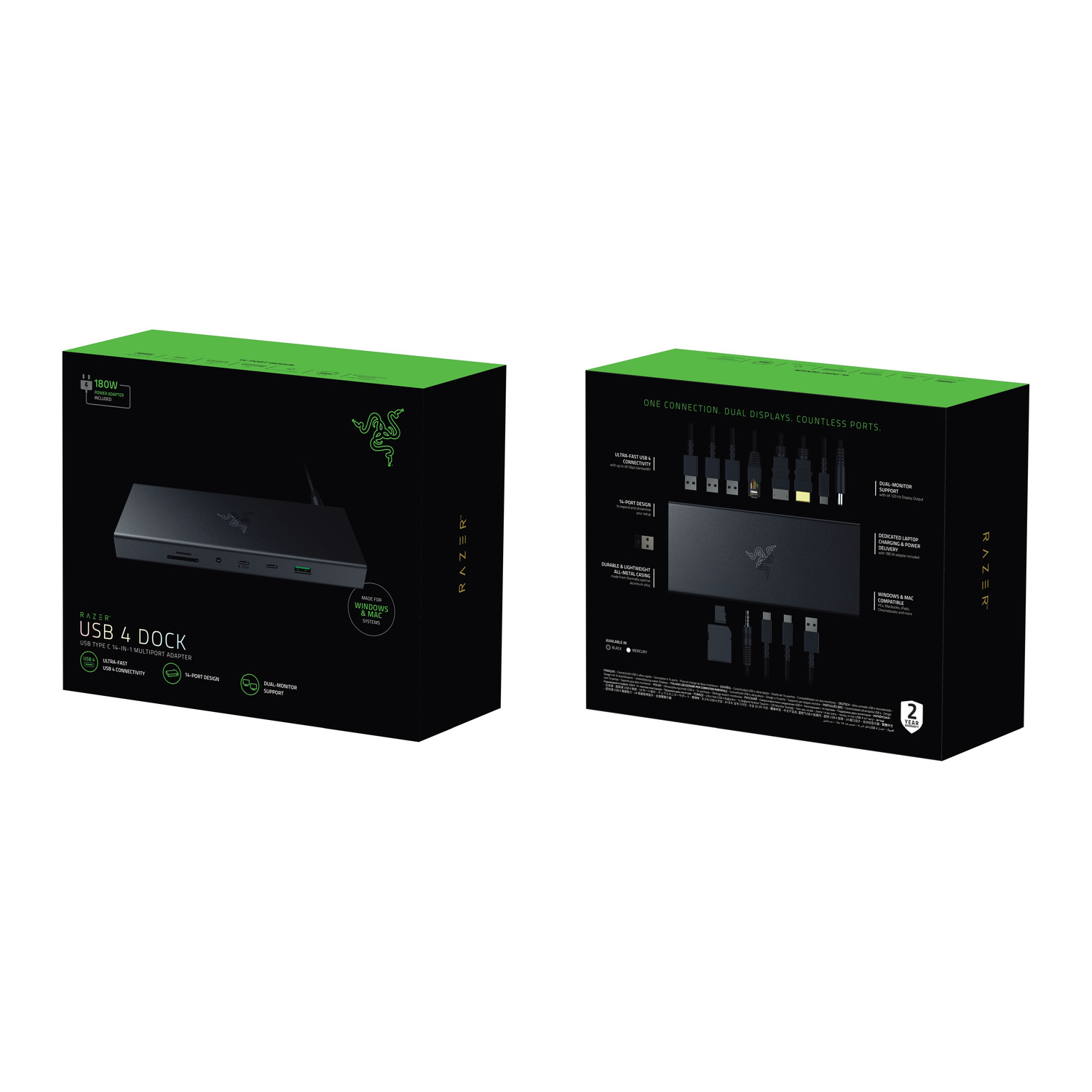 Two boxes, black and green, showing a USB dock and its accessories on the right.