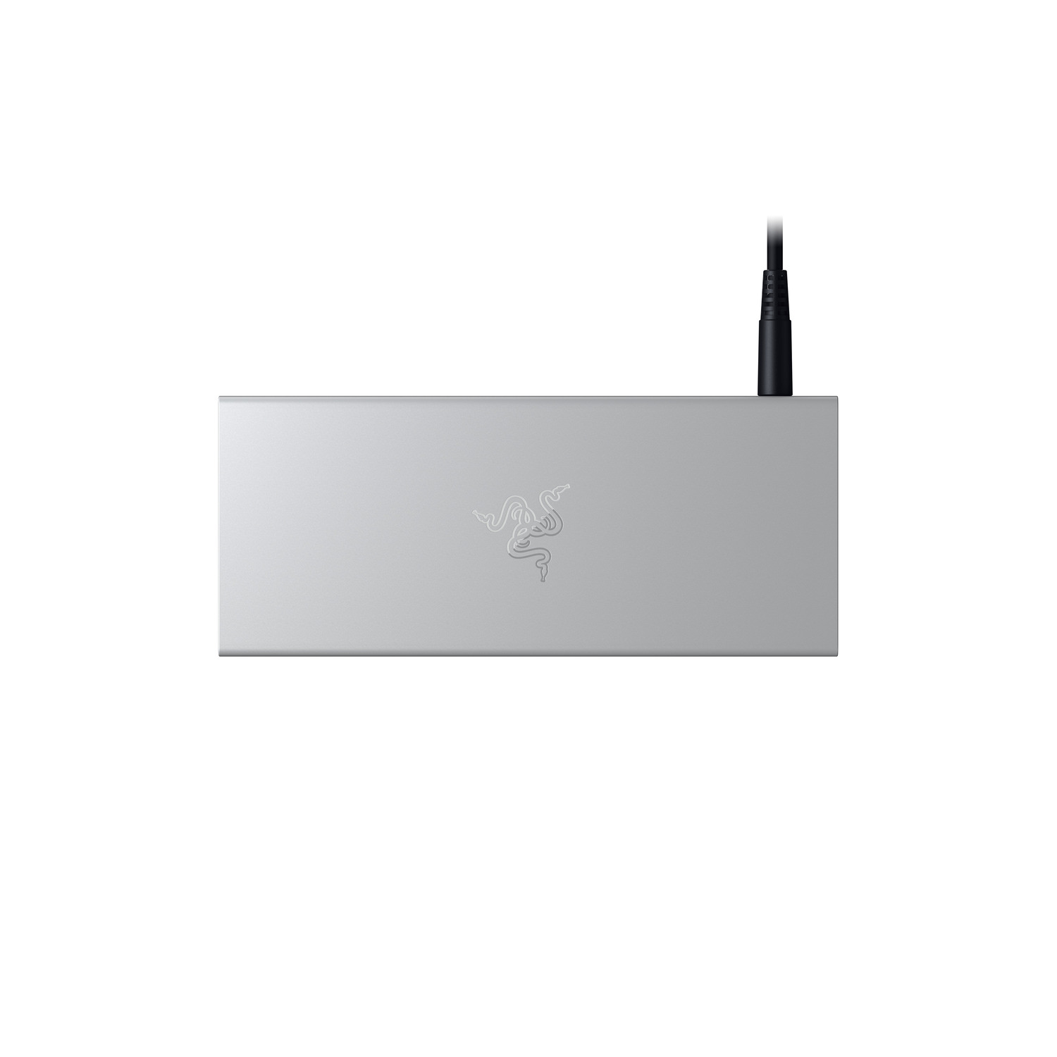 Silver rectangular device with a black cord attached, Razer logo on the top.