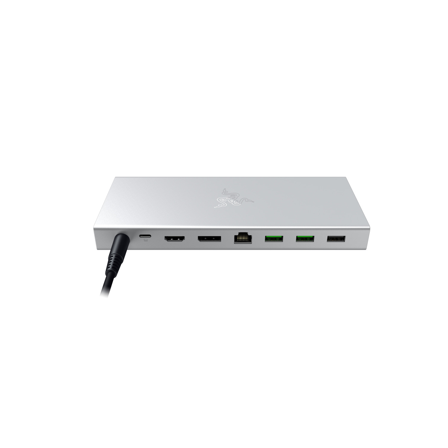 A silver rectangle with a black cable plugged into it. There are various ports on it.