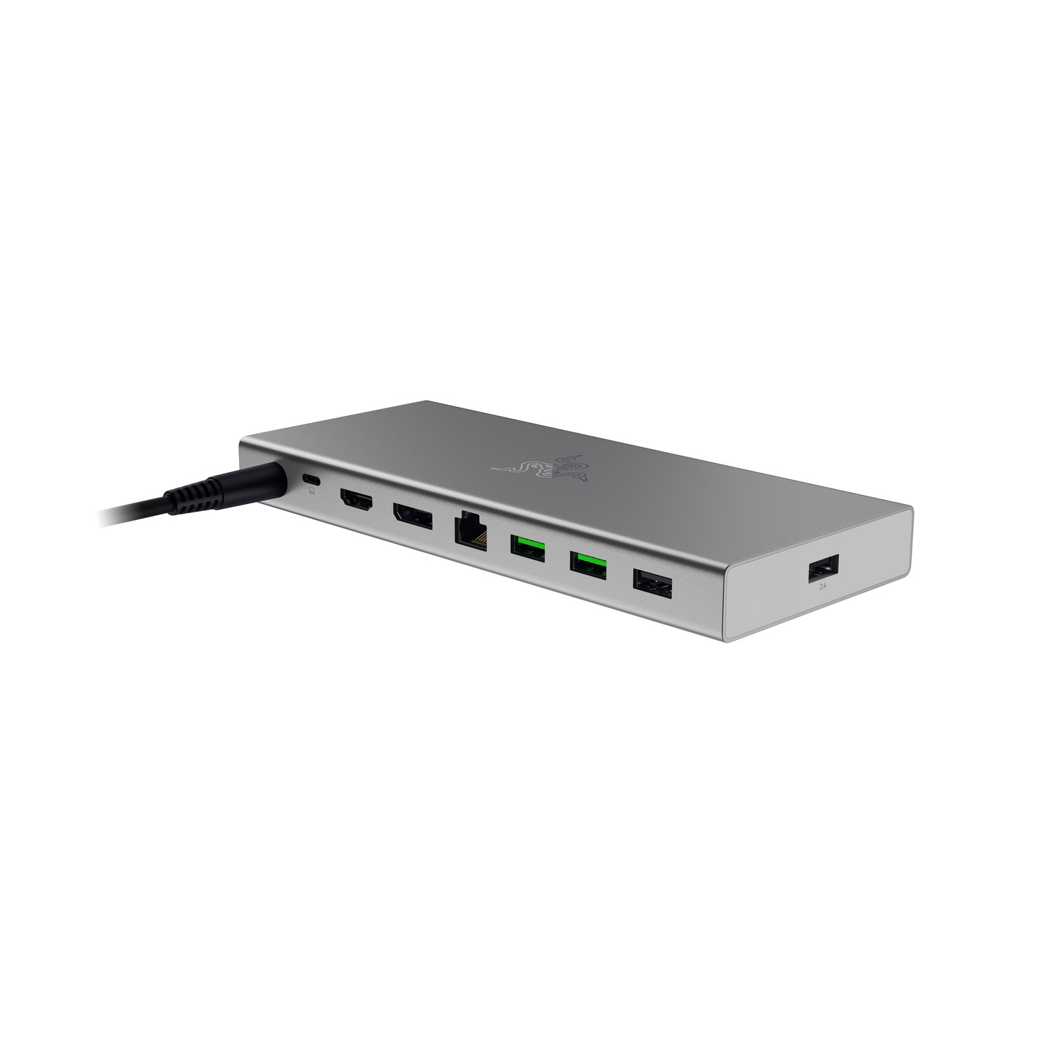 A silver Razer docking station with multiple ports and a black cable plugged in.