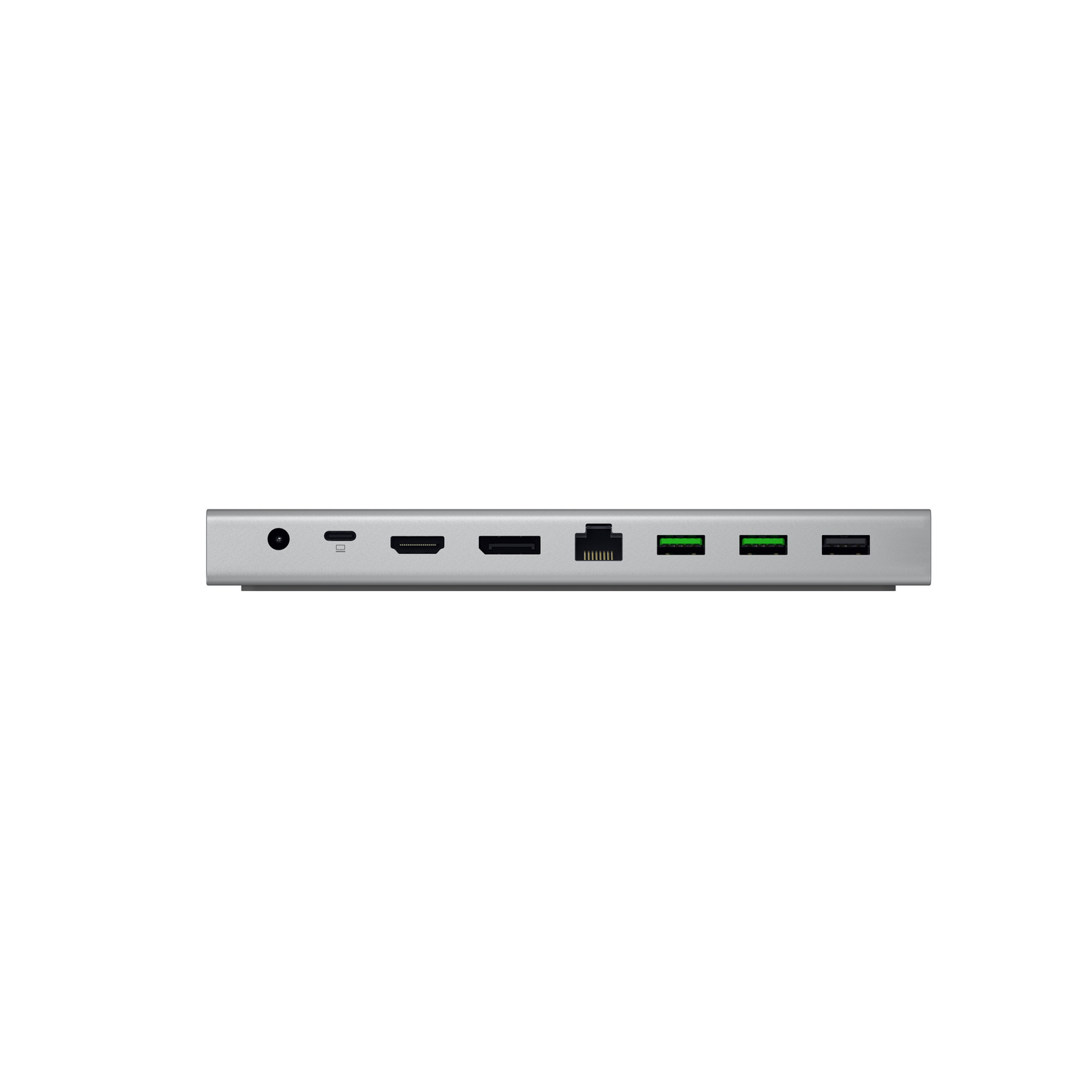 A silver hub with various ports, including USB, HDMI, and Ethernet, is shown.