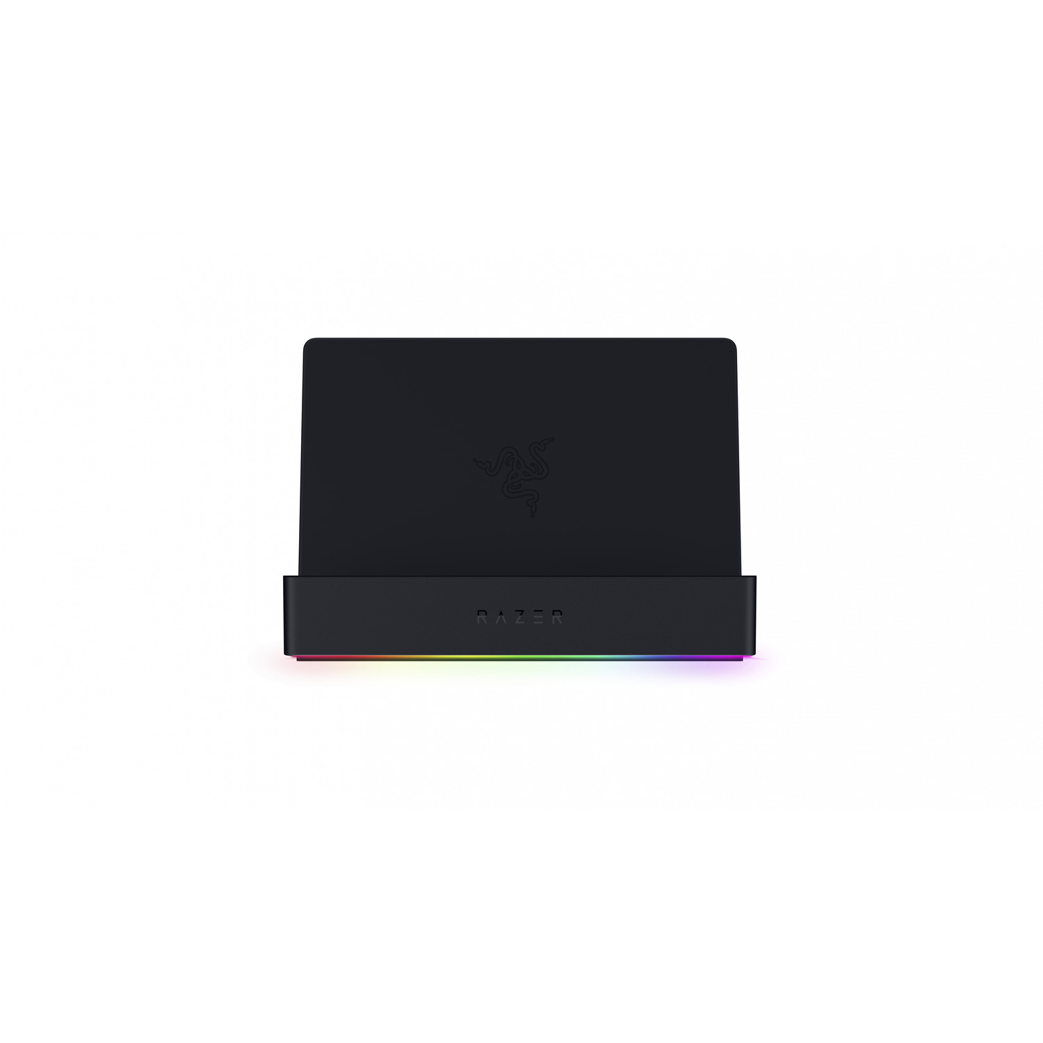 Black Razer laptop stand with rainbow light. White background.
