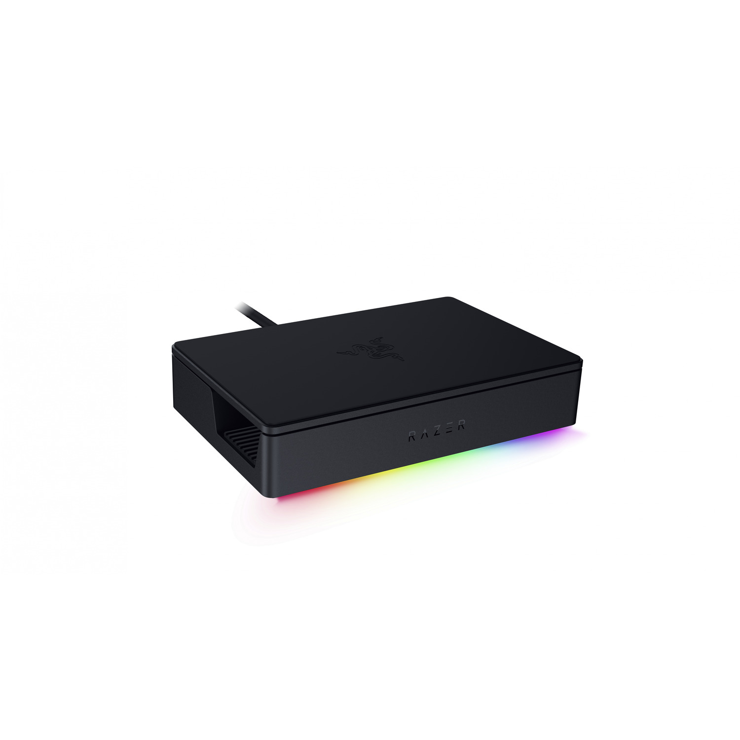Black Razer charging station with a rainbow light effect, on a white background.
