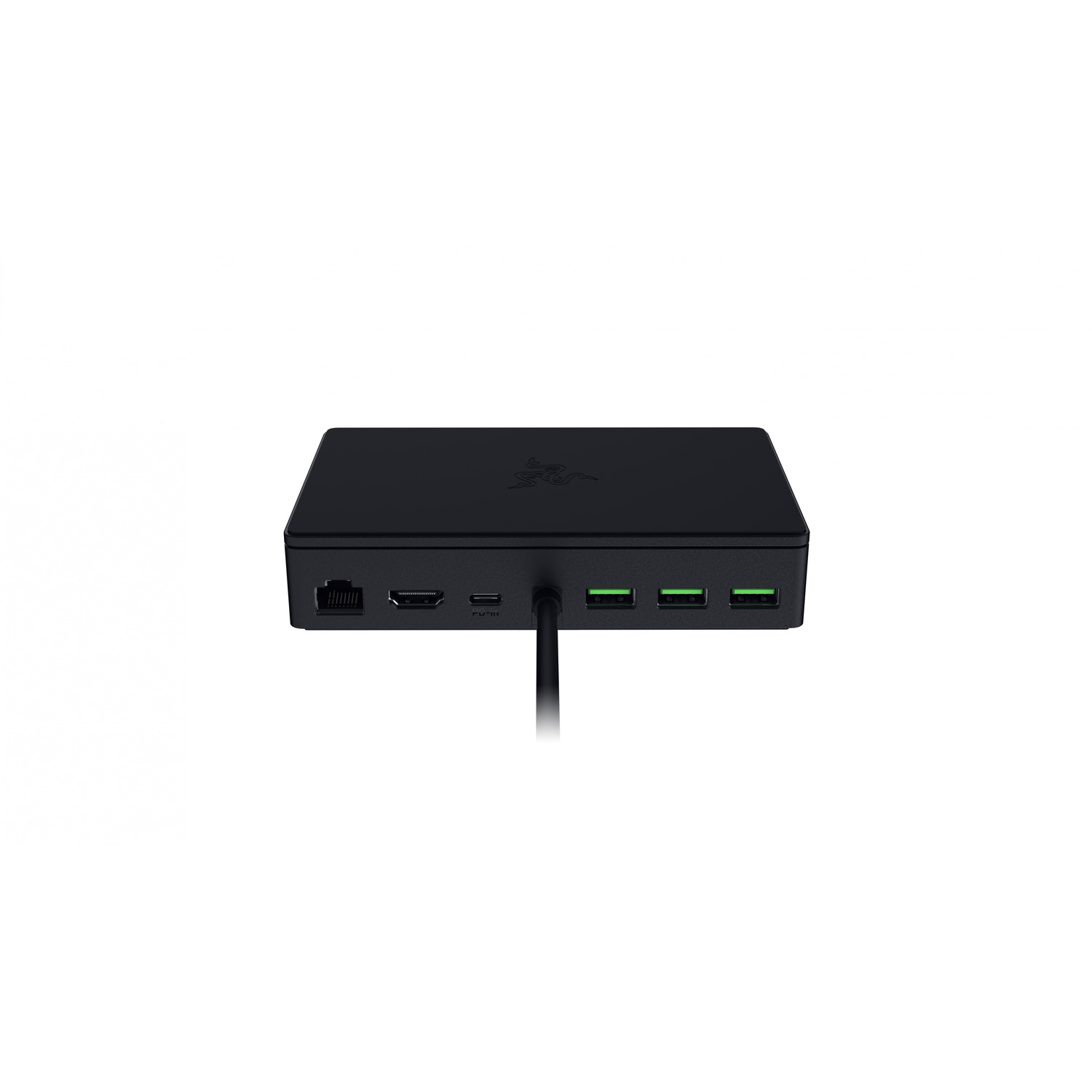 A black Razer docking station with ports, including USB and Ethernet.