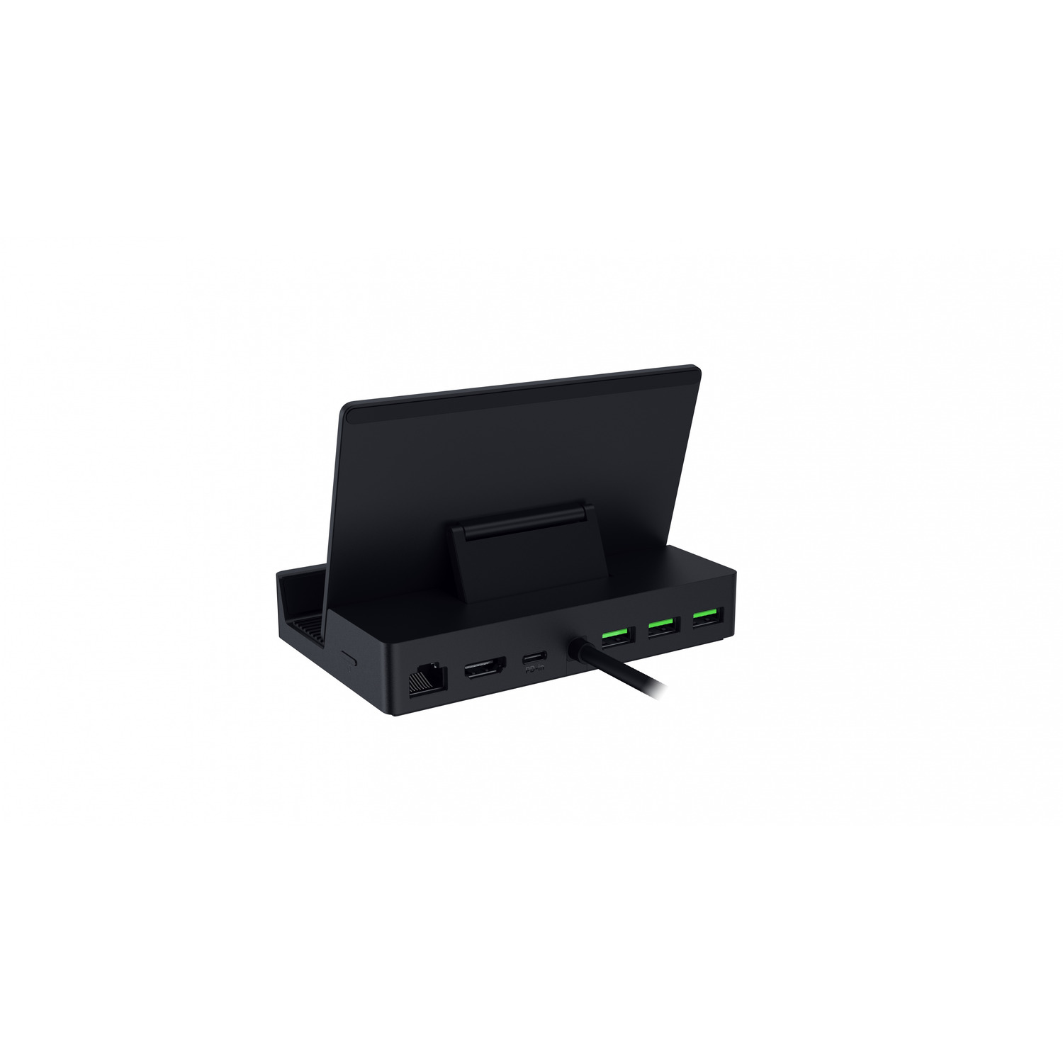 Black Razer docking station with ports and a cable. The screen shows text.
