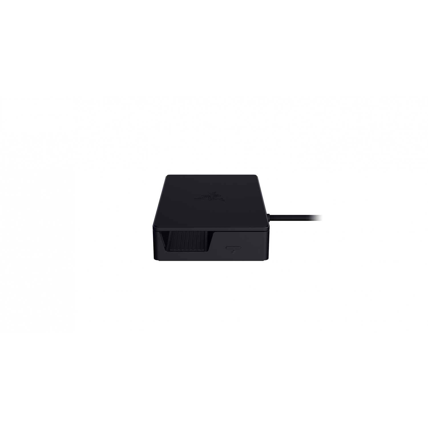 A black Razer hub on a white background. It has a power input and a USB port.