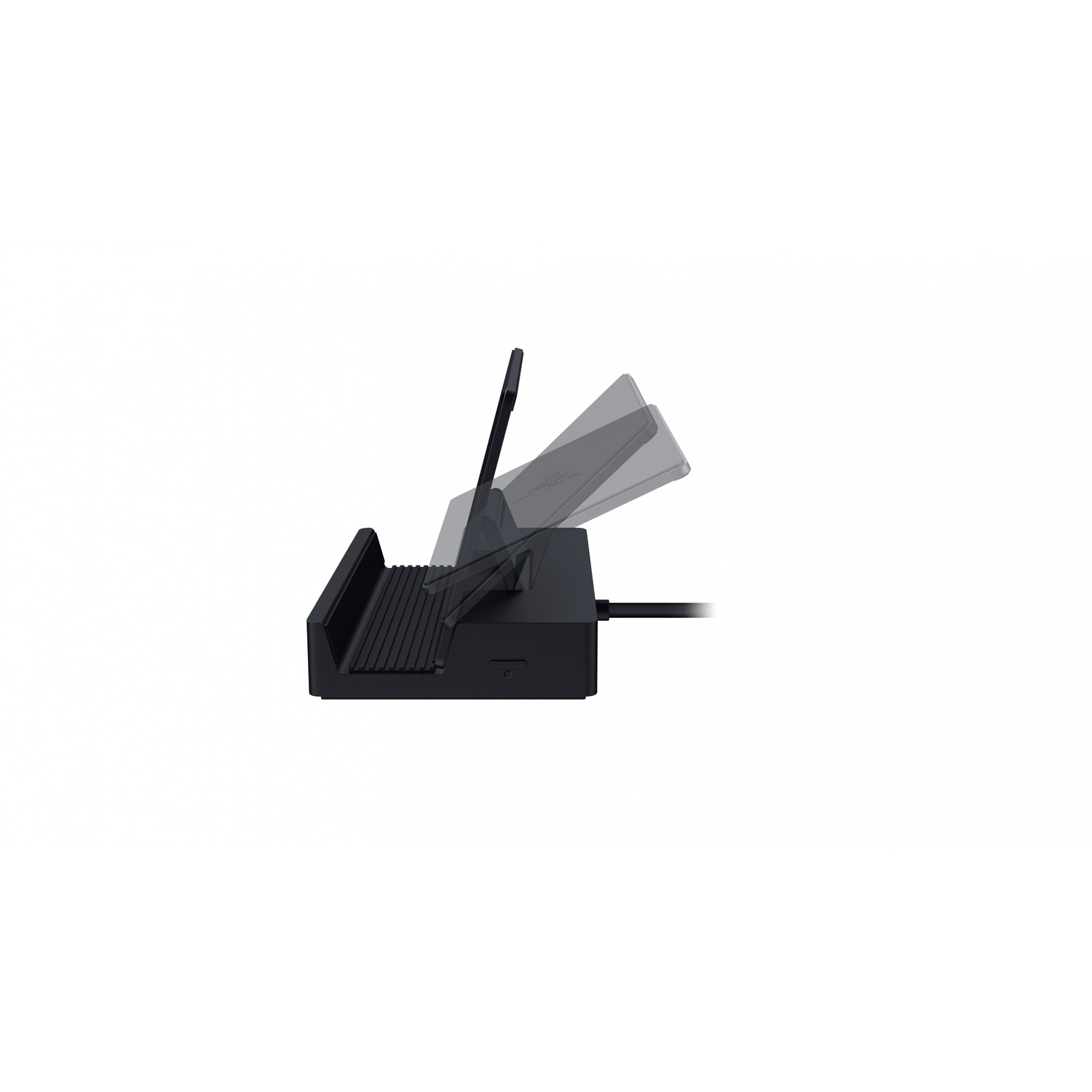 Black device with a tilting screen, likely a laptop stand or similar. A black power cable is attached.